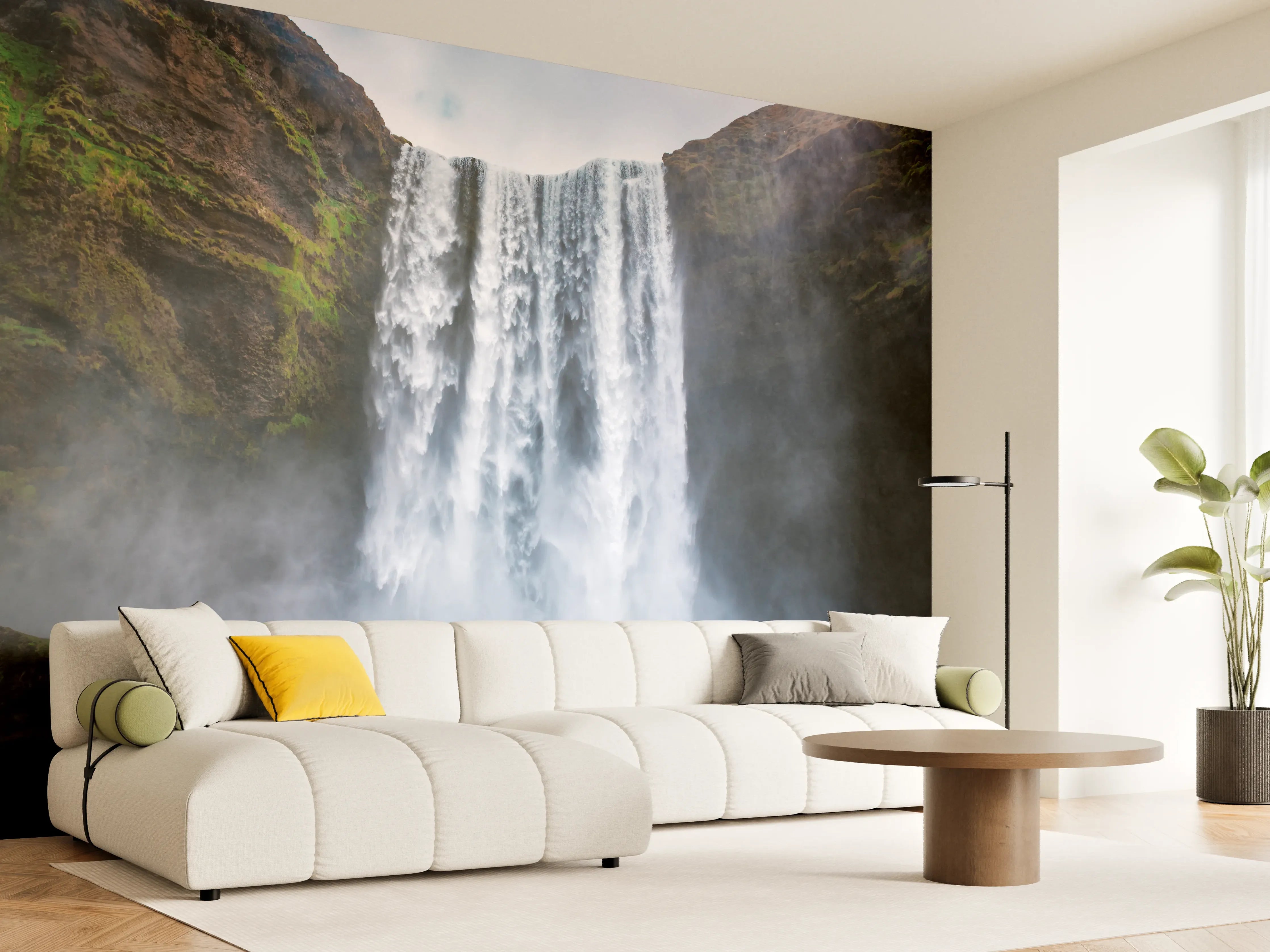 Wandverkleidung Wohnzimmer - Grauer Wasserfall im sanften Licht