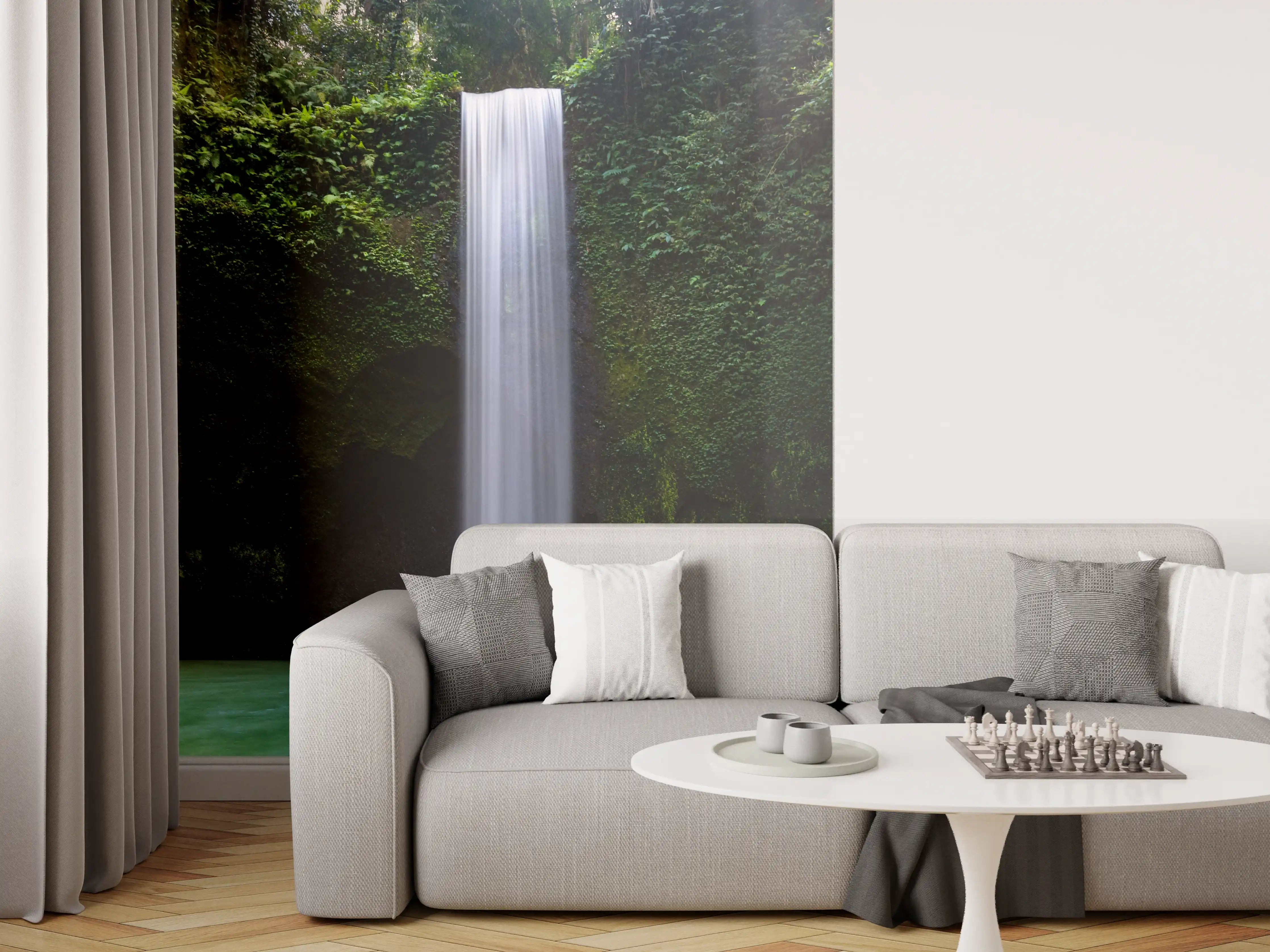Wandverkleidung Wohnzimmer - Grauer Wasserfall im weißen Naturwahn
