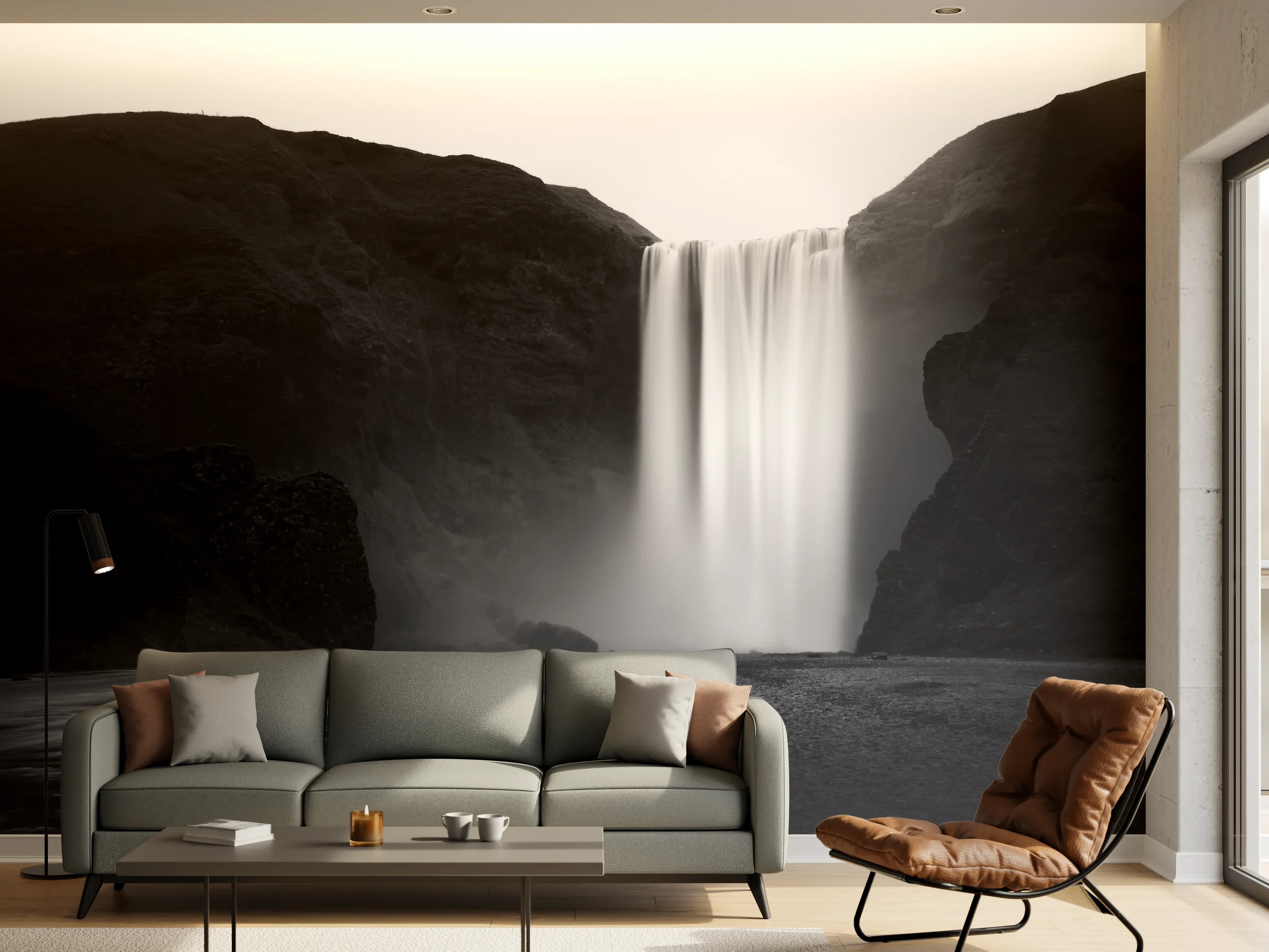 Wandverkleidung Wohnzimmer - Grauer Wasserfall in Sepia-Tönen