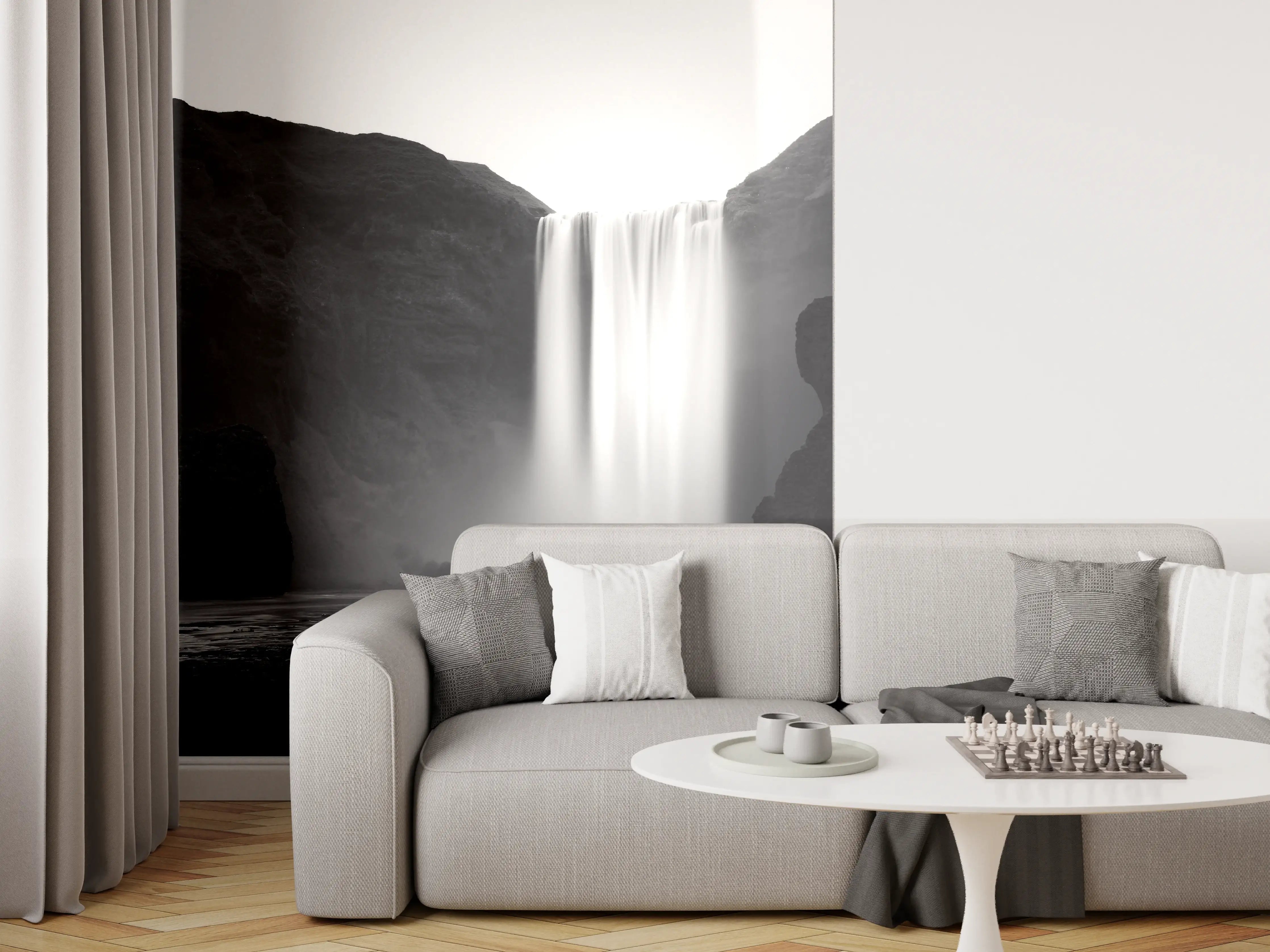 Wandverkleidung Wohnzimmer - Grauer Wasserfall in Sepia-Tönen