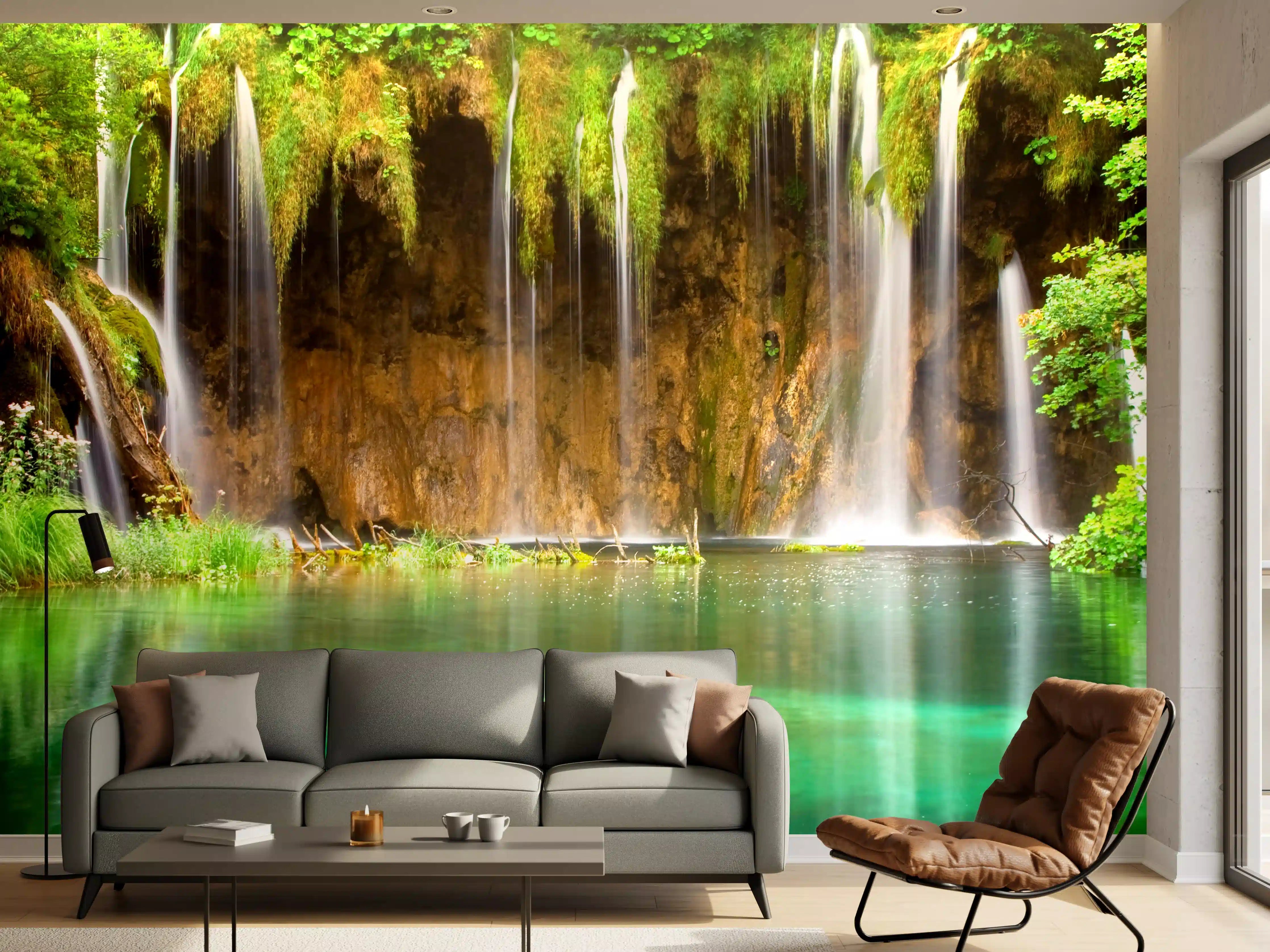 Wandverkleidung Wohnzimmer - Grauer Wasserfall in grüner Natur
