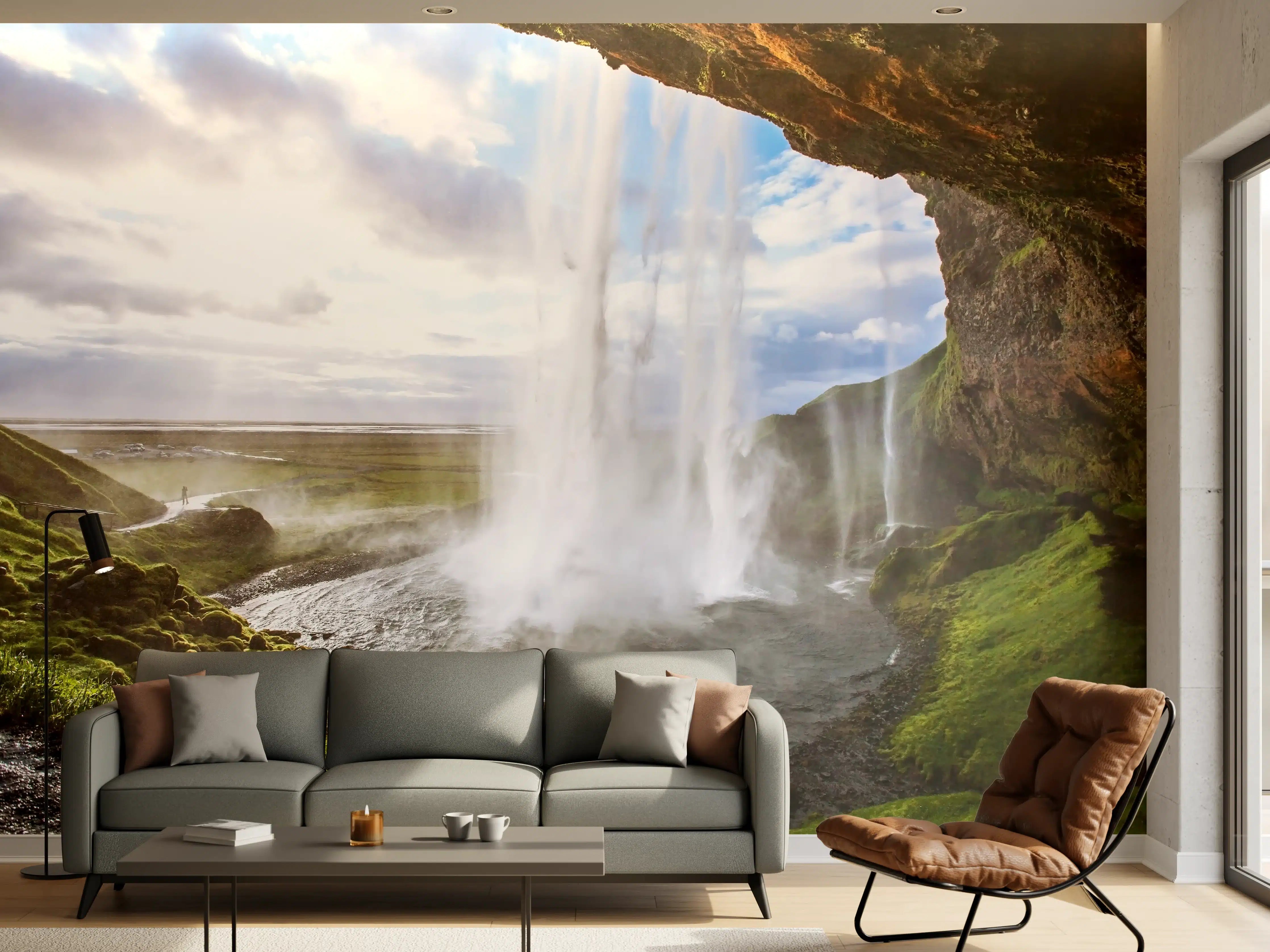 Wandverkleidung Wohnzimmer - Grauer Wasserfall in weißer Naturpracht