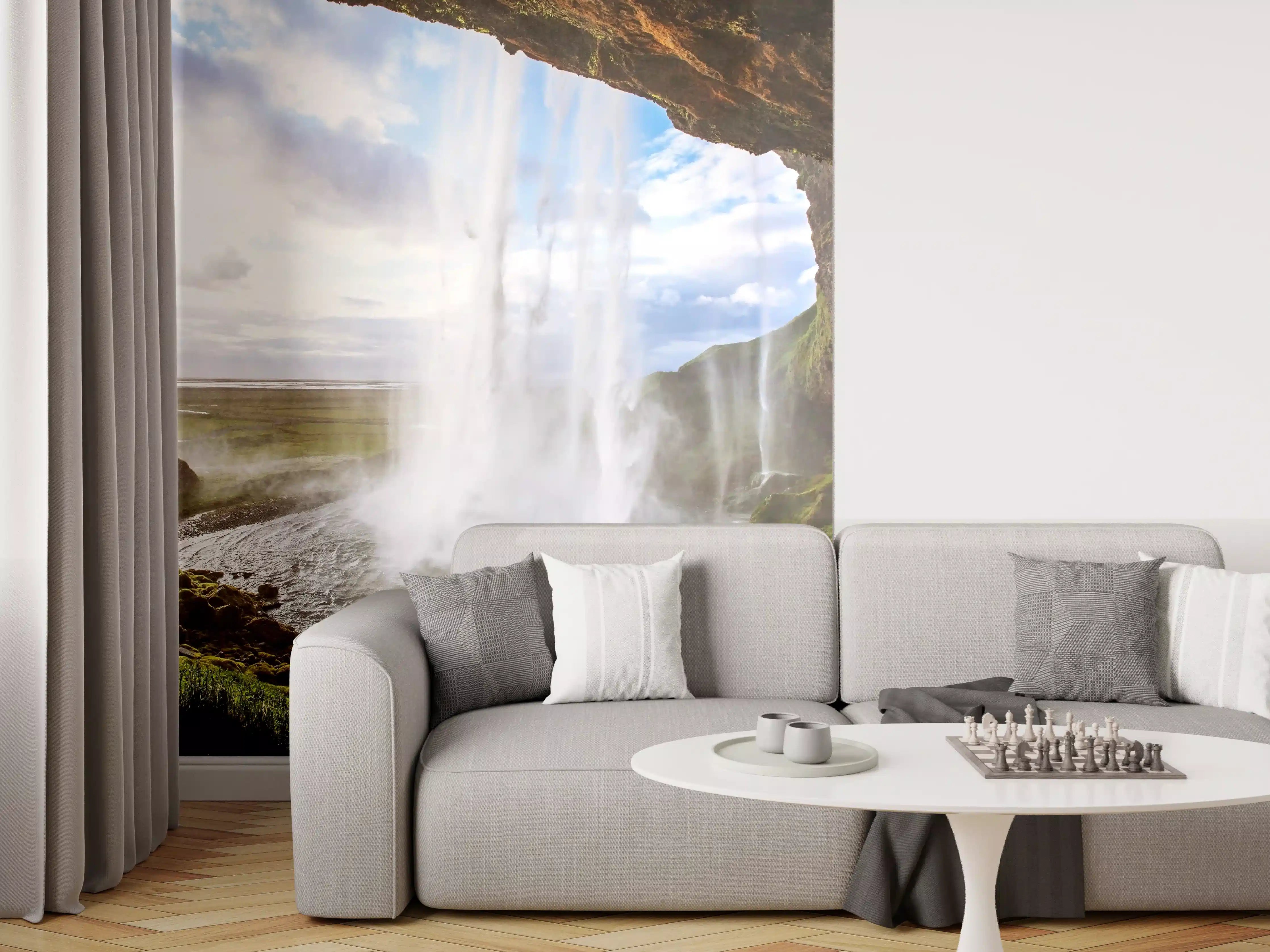 Wandverkleidung Wohnzimmer - Grauer Wasserfall in weißer Naturpracht