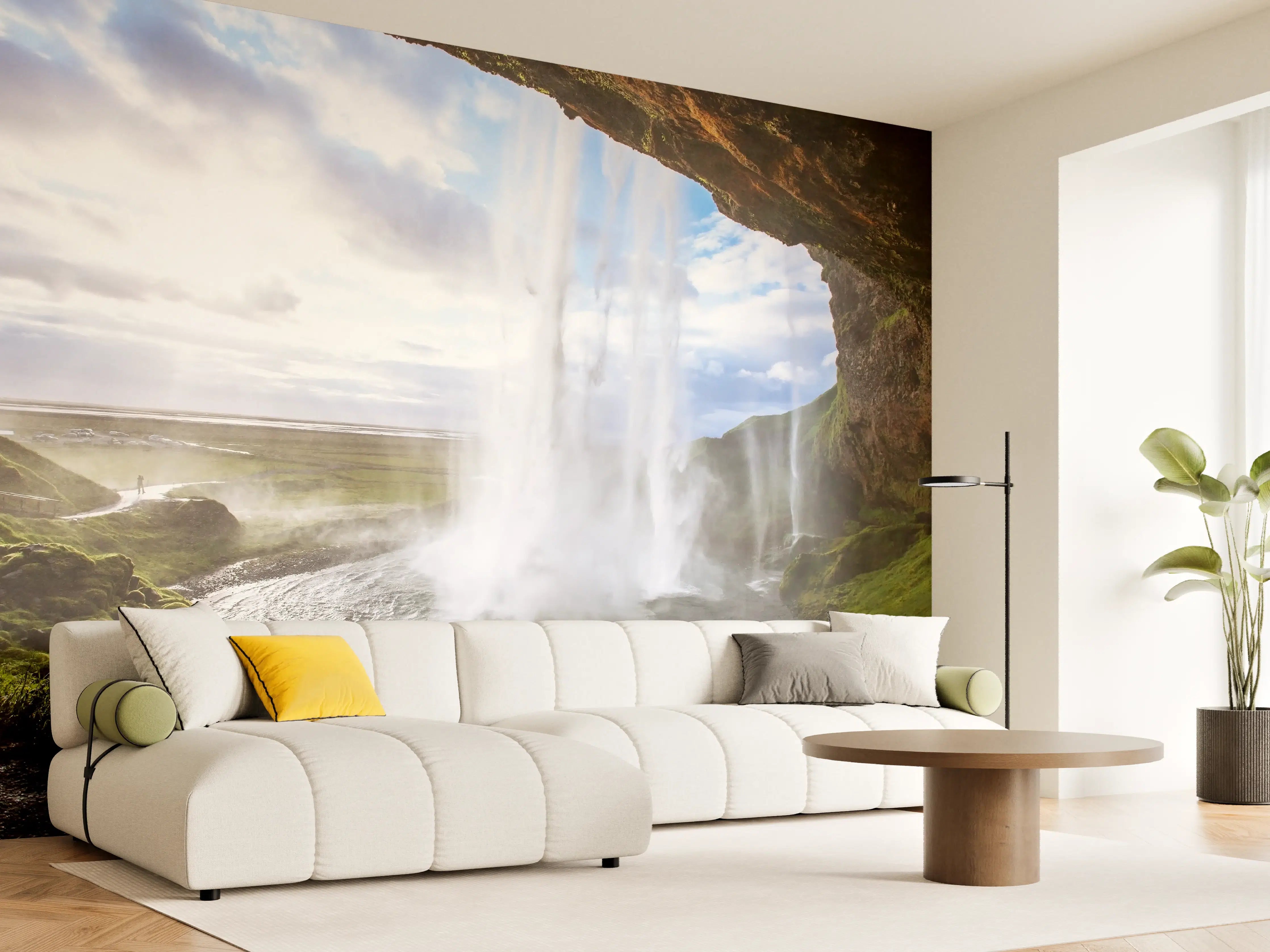 Wandverkleidung Wohnzimmer - Grauer Wasserfall in weißer Naturpracht