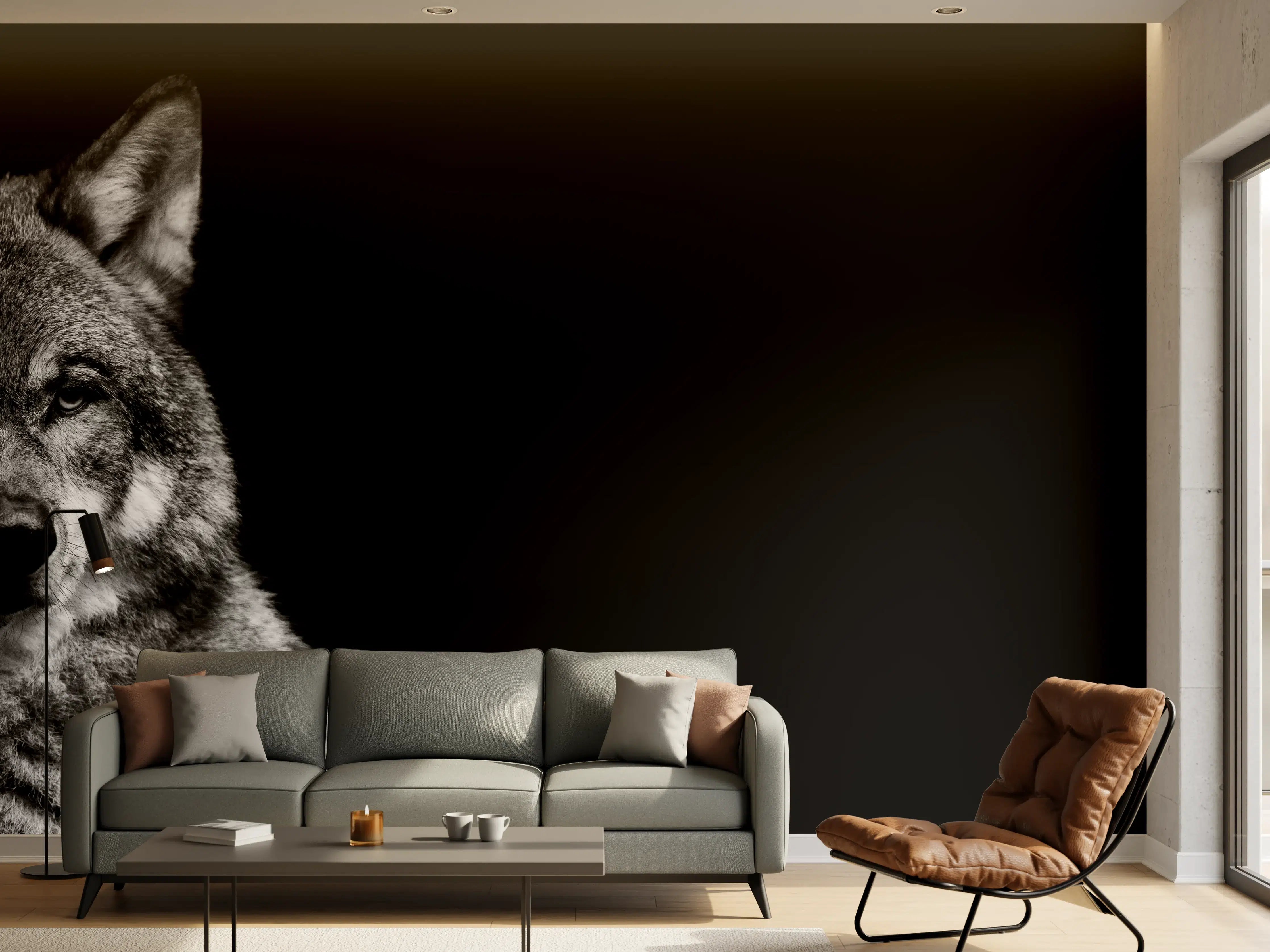 Wandverkleidung Wohnzimmer - Grauer Wolf auf schwarzem Hintergrund