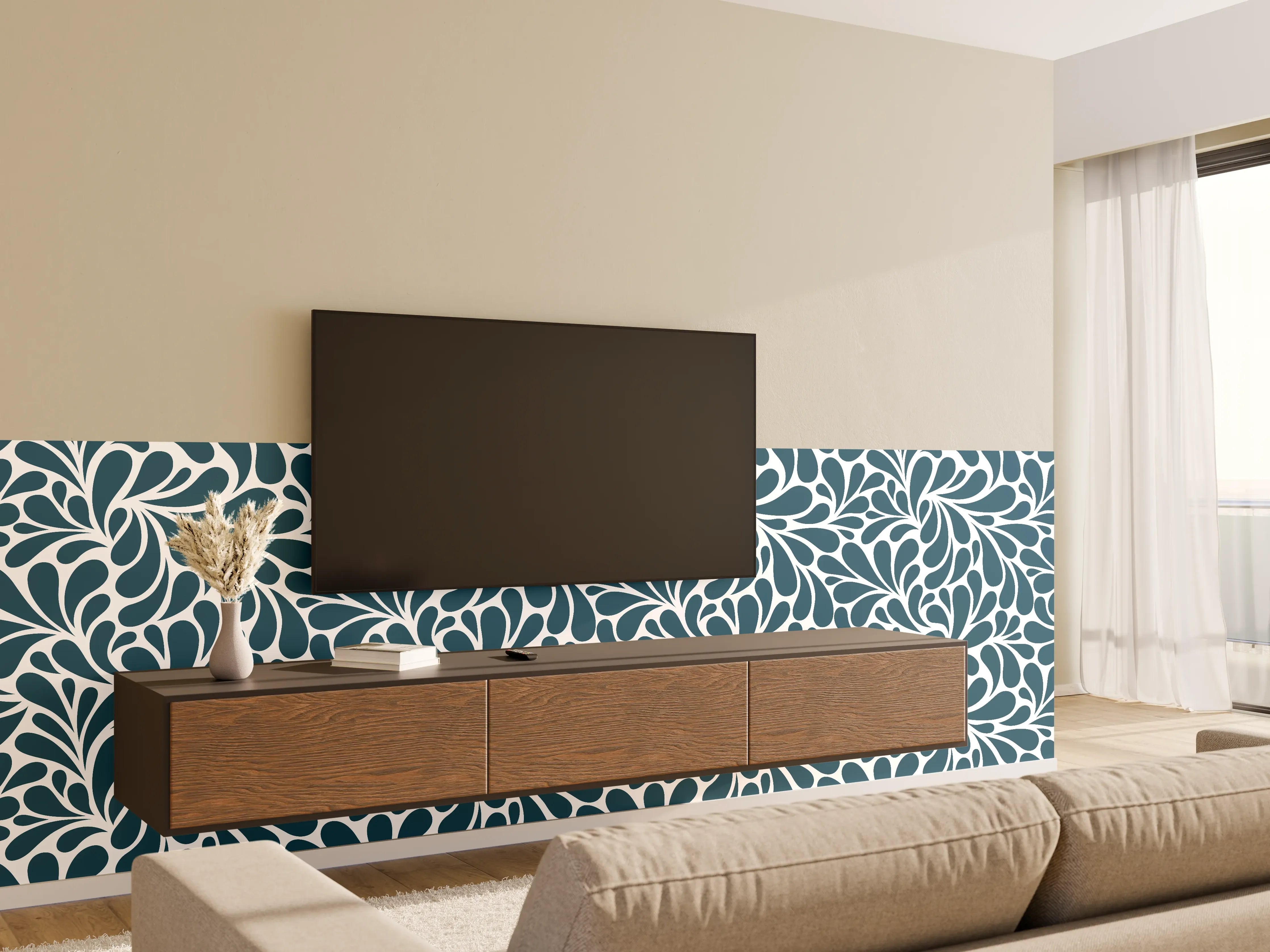 Wandverkleidung Wohnzimmer - Graues Blättermuster in Blau und Weiß