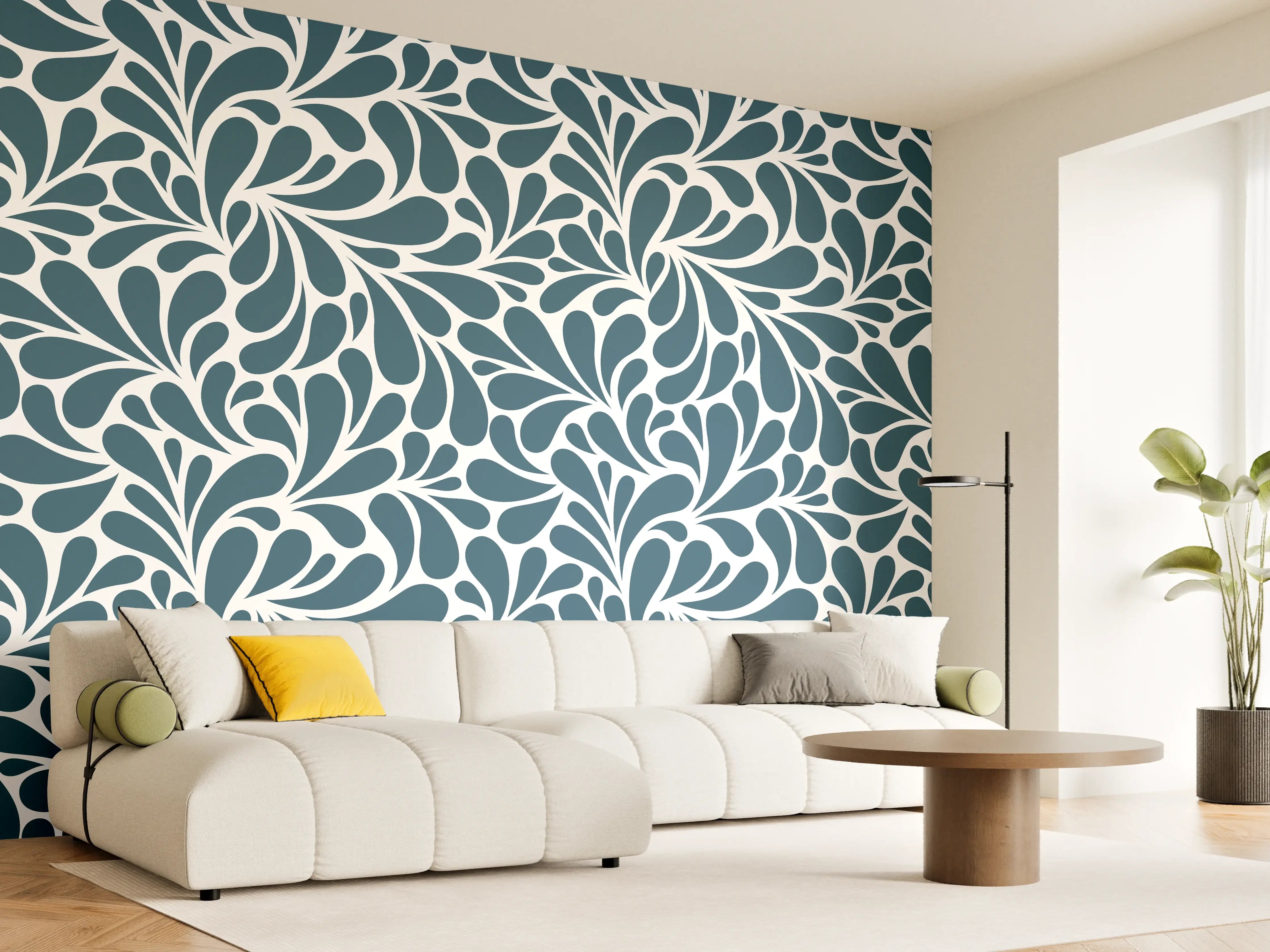 Wandverkleidung Wohnzimmer - Graues Blättermuster in Blau und Weiß