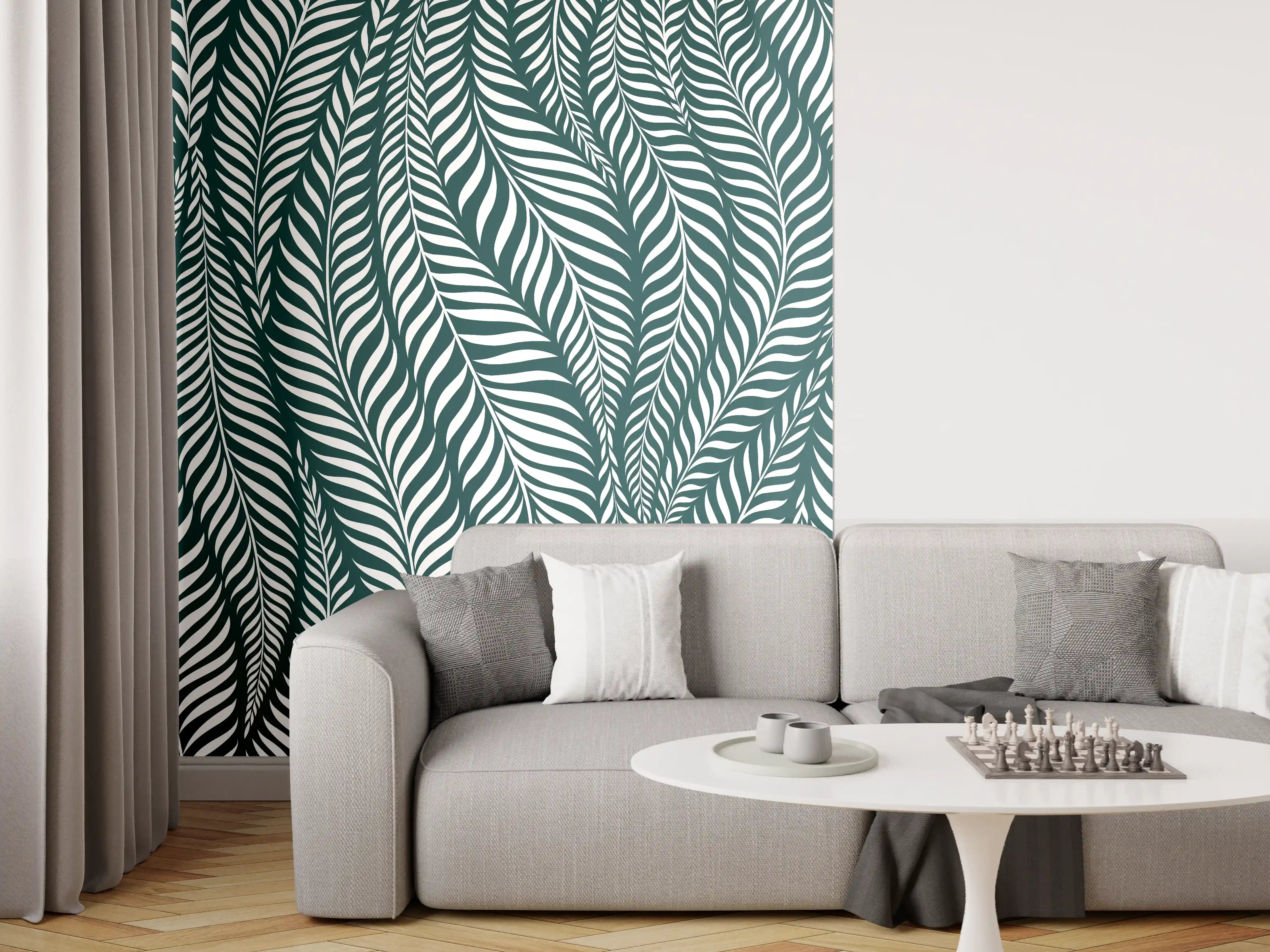 Wandverkleidung Wohnzimmer - Graues Blattmuster auf Weiß