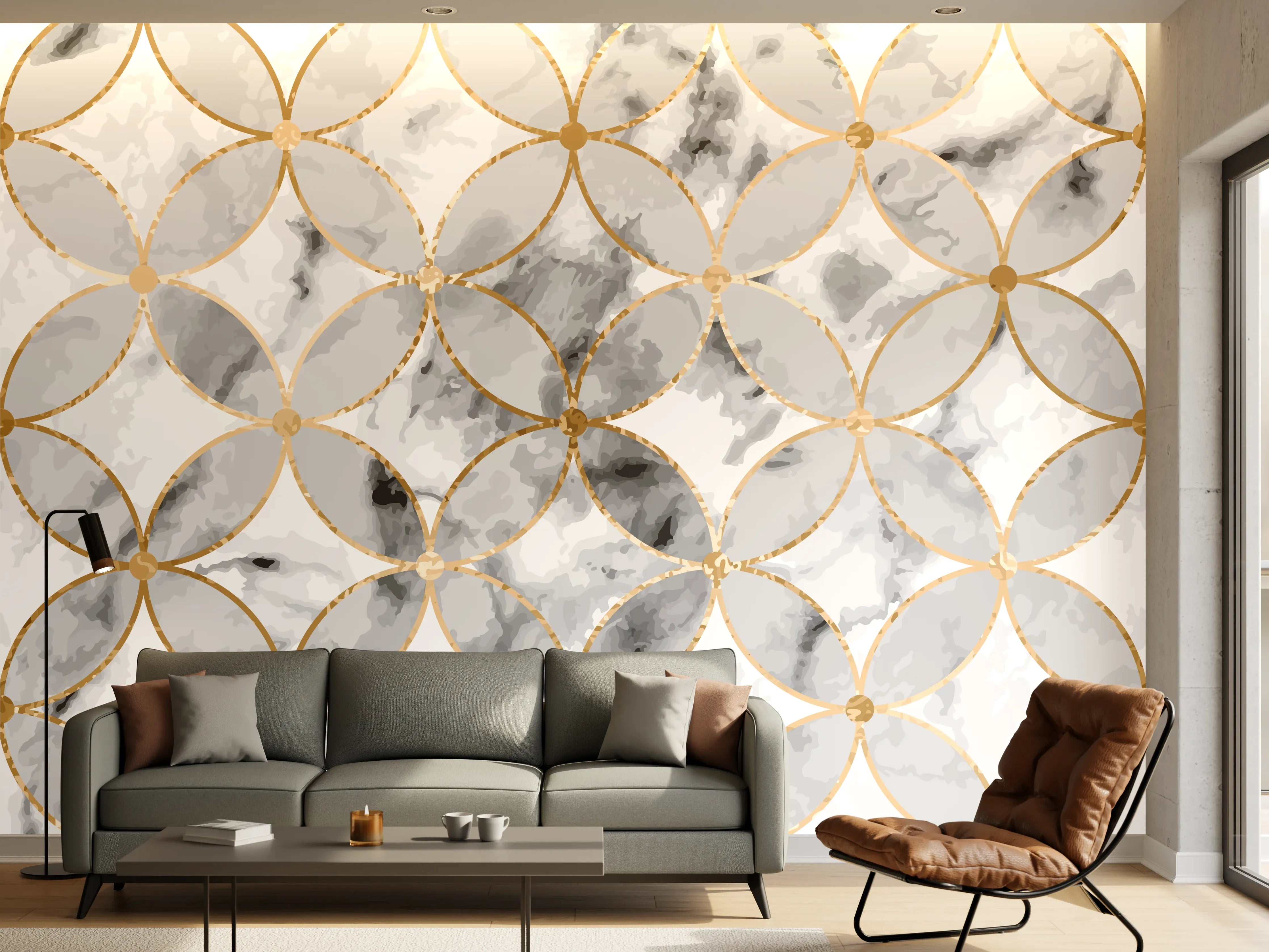 Wandverkleidung Wohnzimmer - Graues Marmor-Design mit Goldakzenten