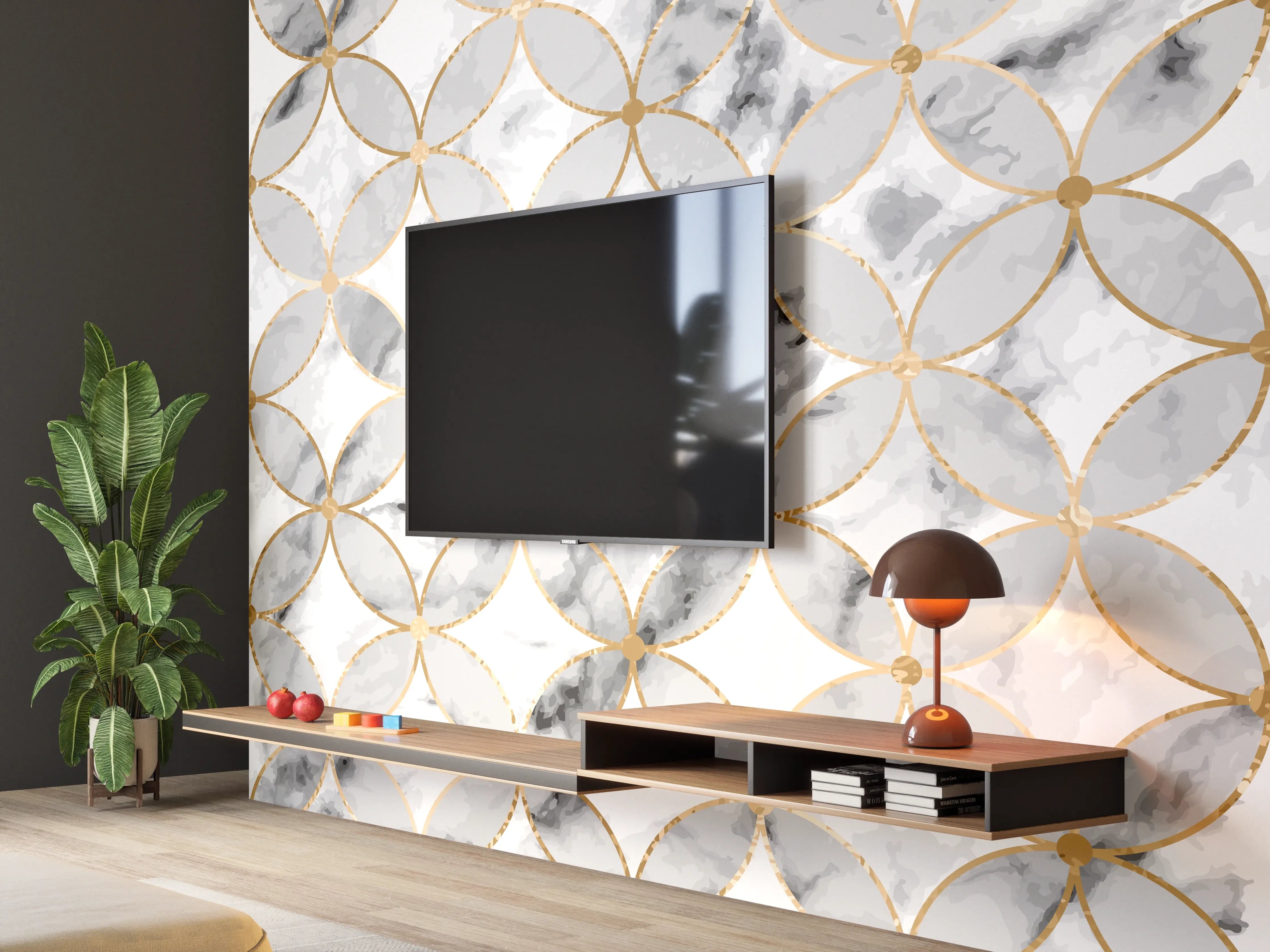 Wandverkleidung Wohnzimmer - Graues Marmor-Design mit Goldakzenten