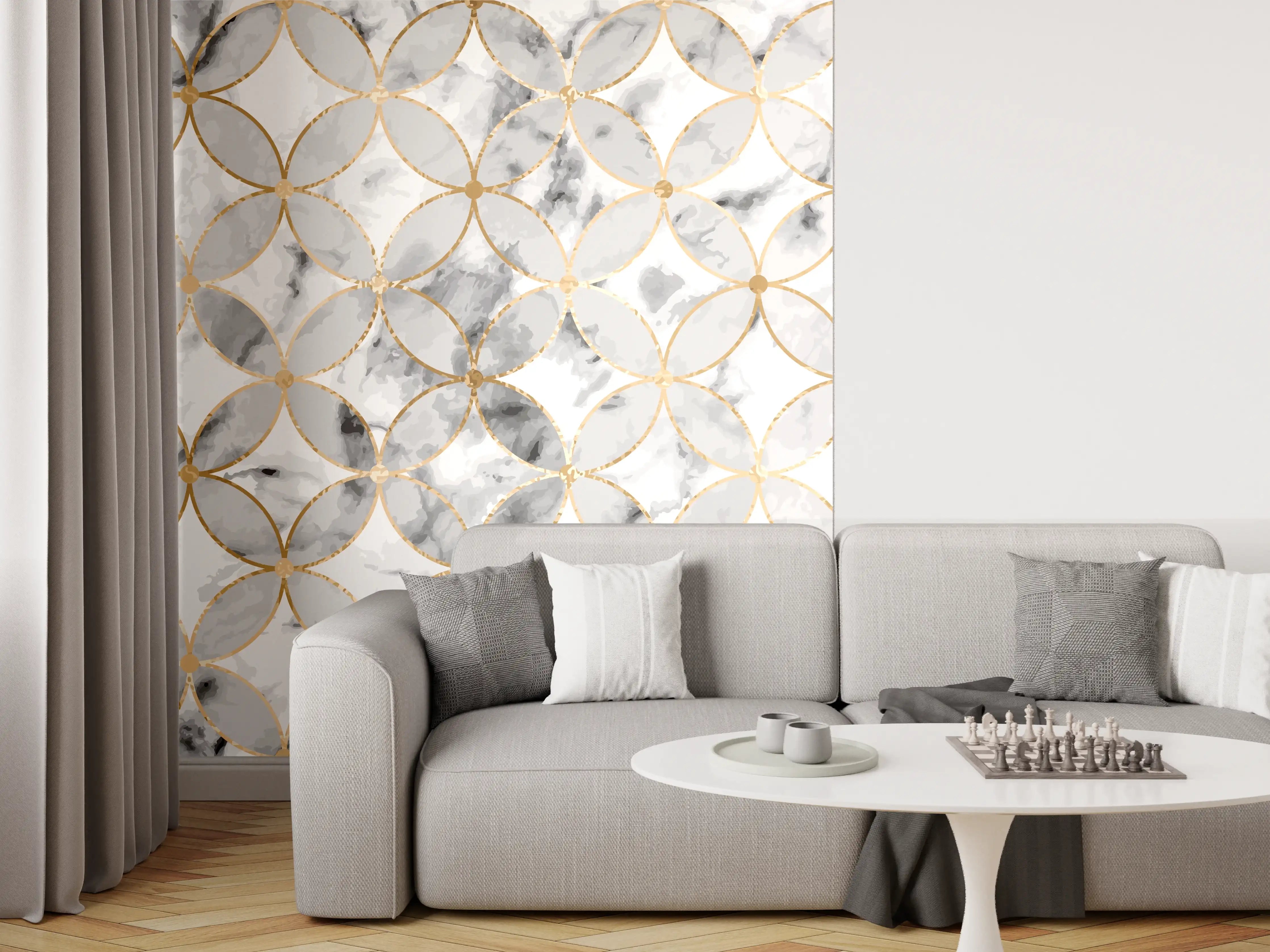Wandverkleidung Wohnzimmer - Graues Marmor-Design mit Goldakzenten