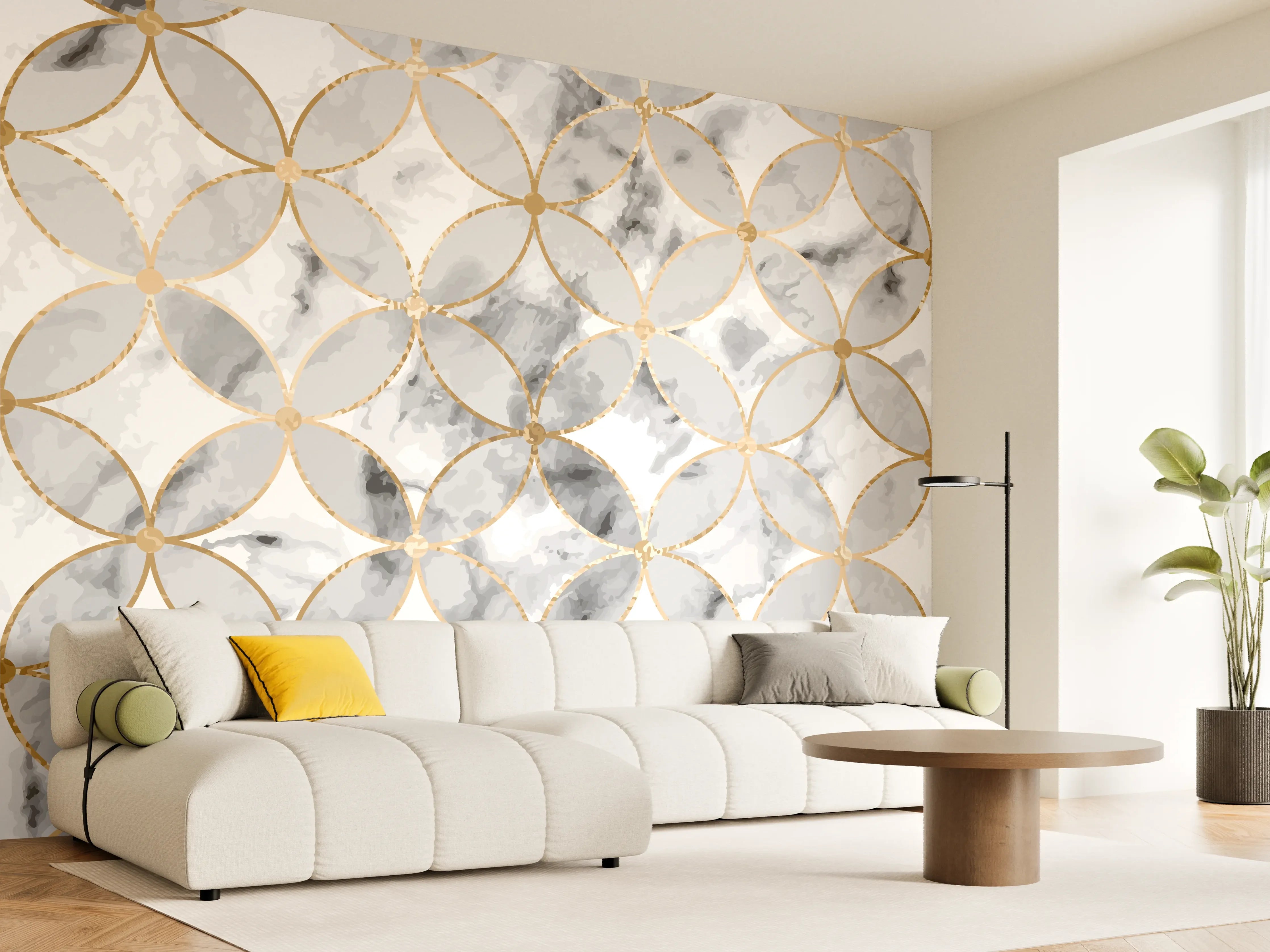 Wandverkleidung Wohnzimmer - Graues Marmor-Design mit Goldakzenten