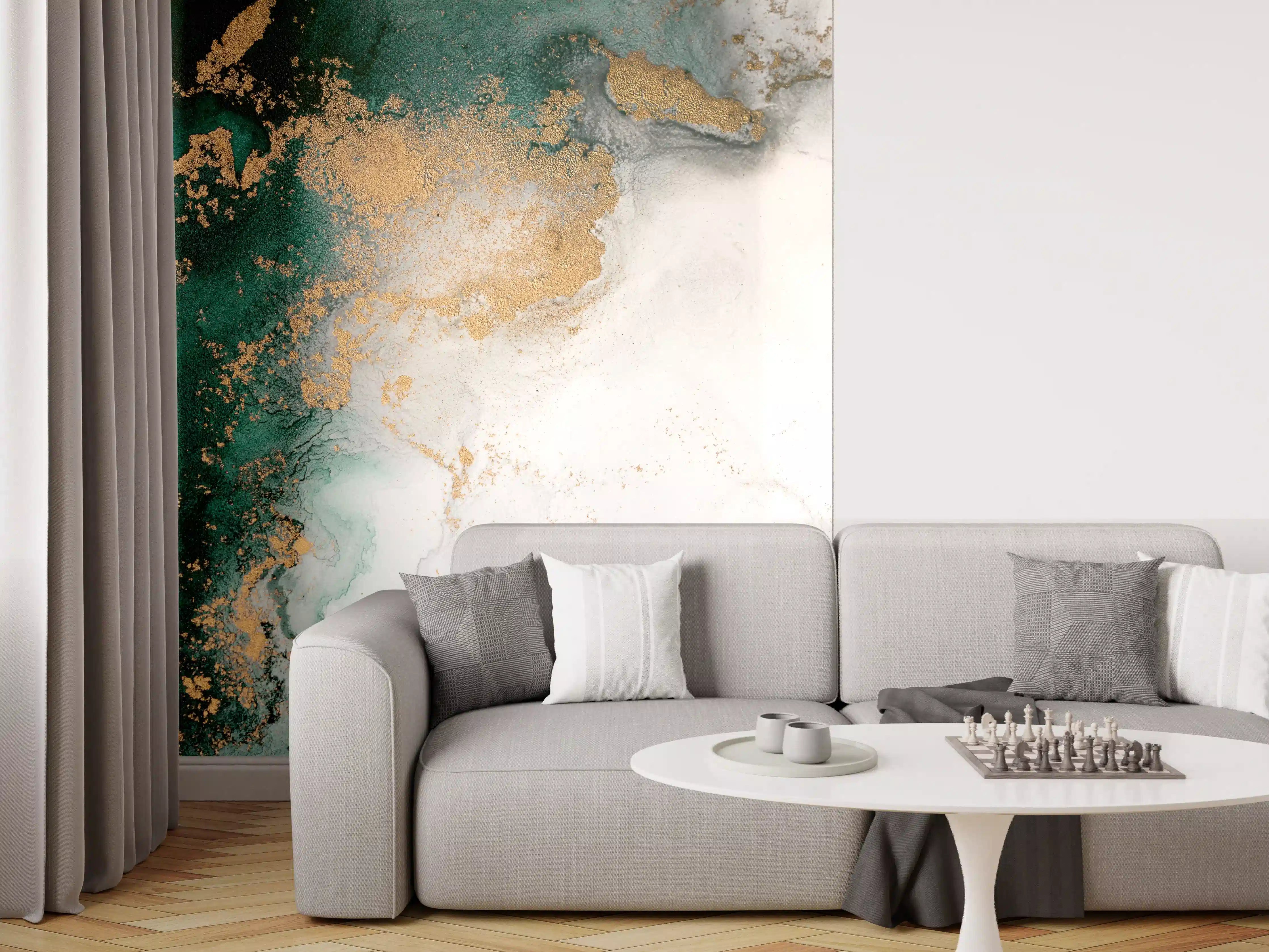 Wandverkleidung Wohnzimmer - Graues Marmor-Design mit goldenen Akzenten