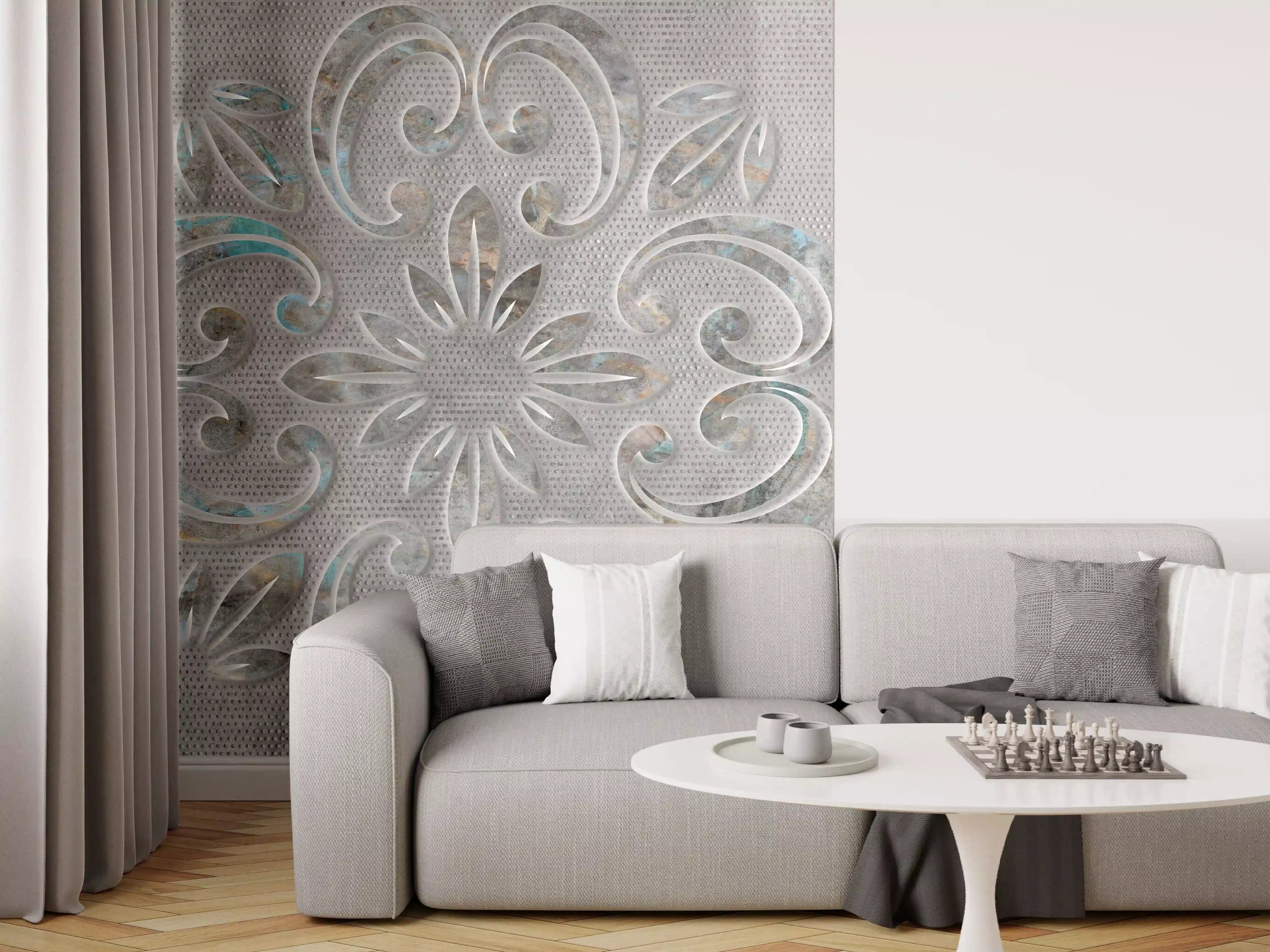 Wandverkleidung Wohnzimmer - Graues Ornamentmuster - Zementwandtextur