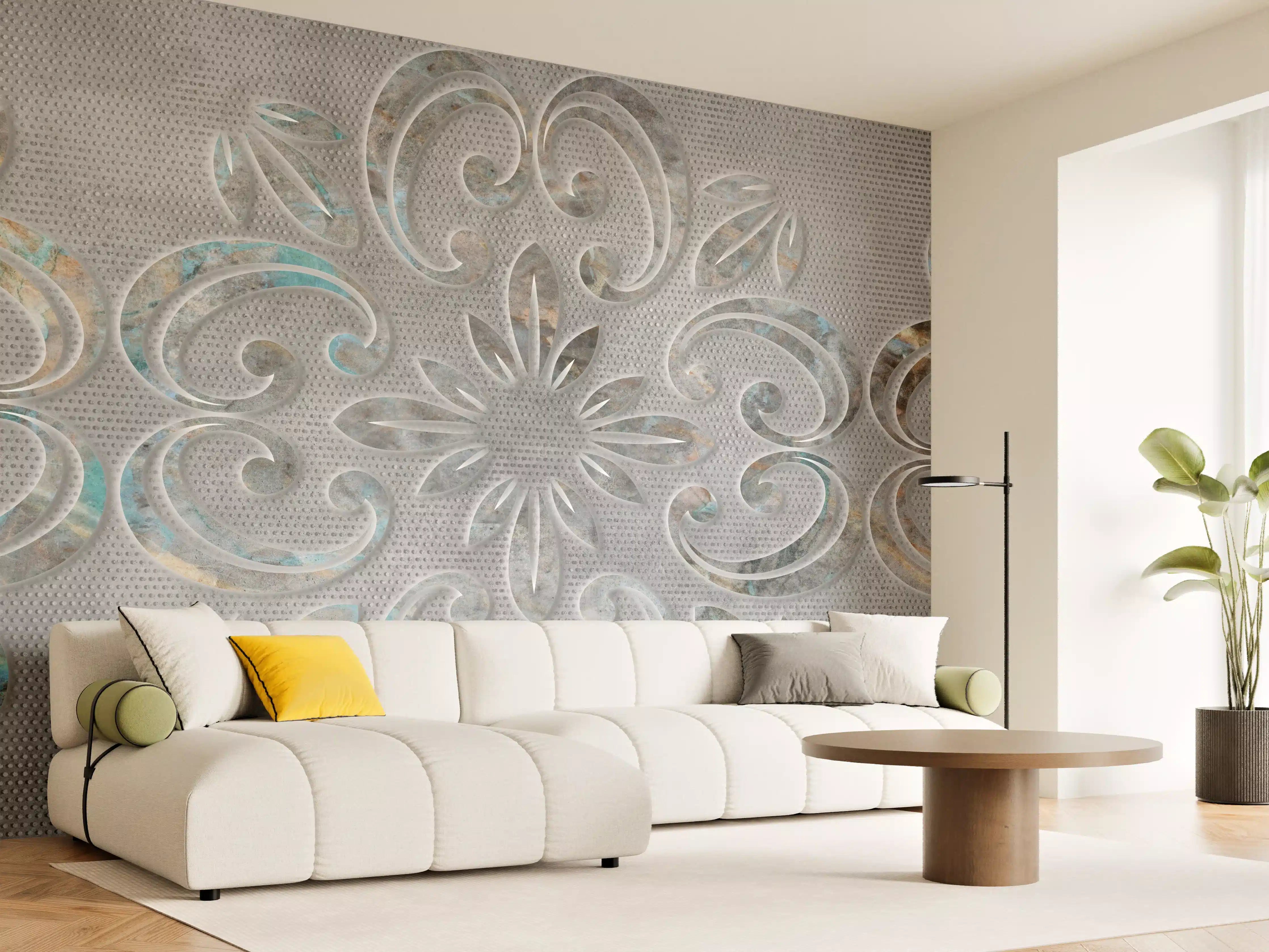 Wandverkleidung Wohnzimmer - Graues Ornamentmuster - Zementwandtextur
