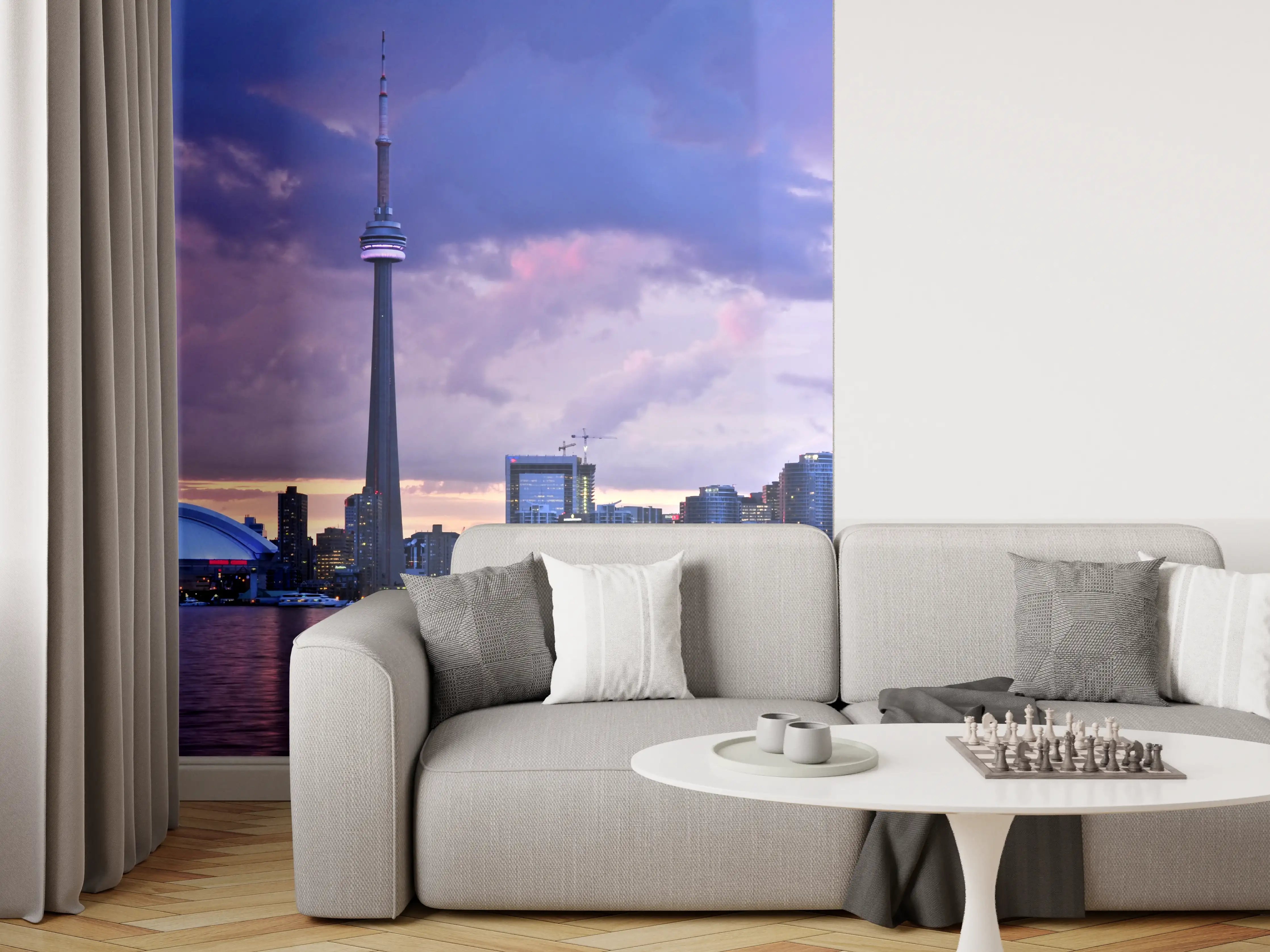 Wandverkleidung Wohnzimmer - Graues Sonnenuntergangssilhouette Torontos