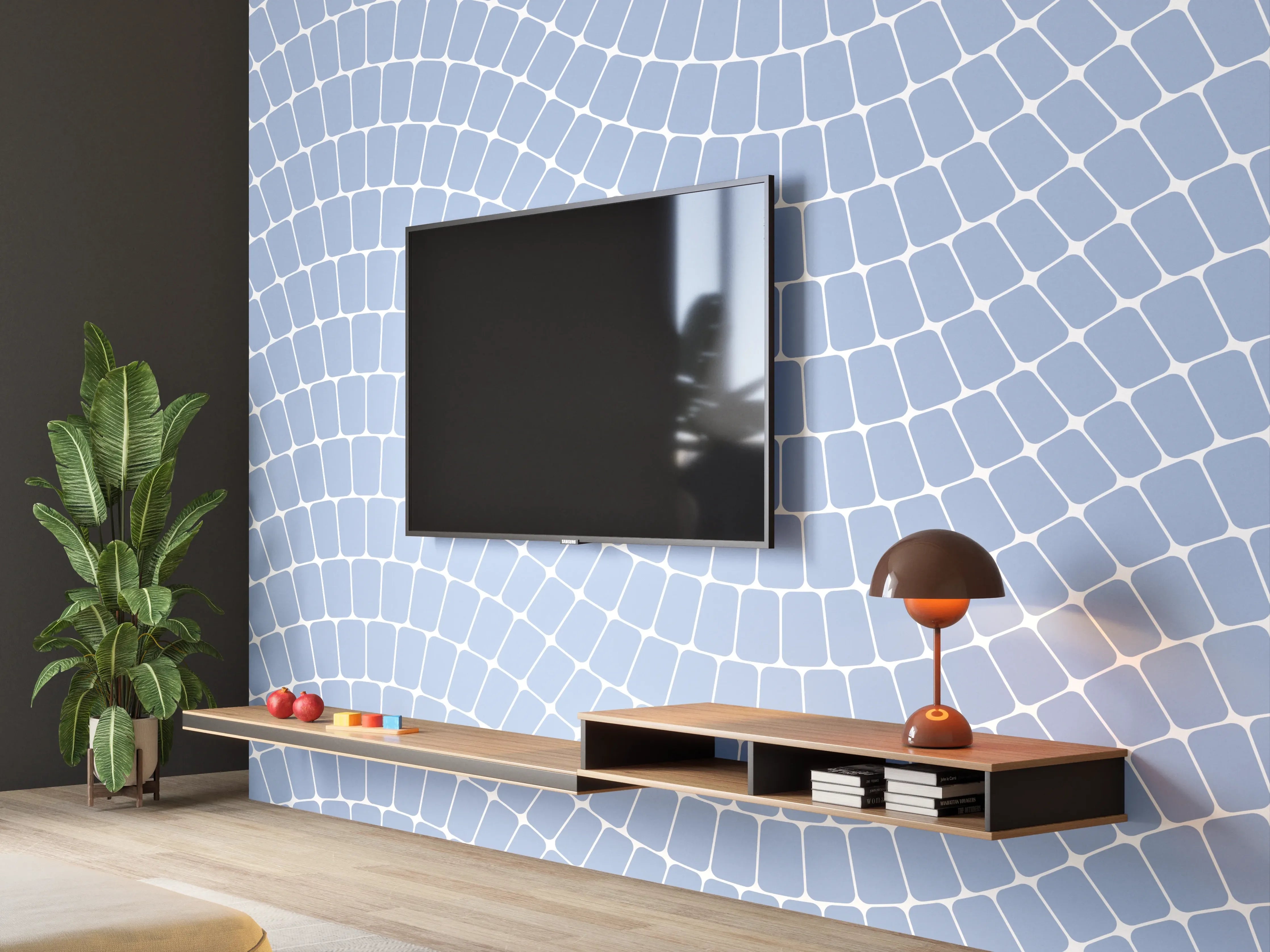 Wandverkleidung Wohnzimmer - Graues geometrisches Muster in Blau