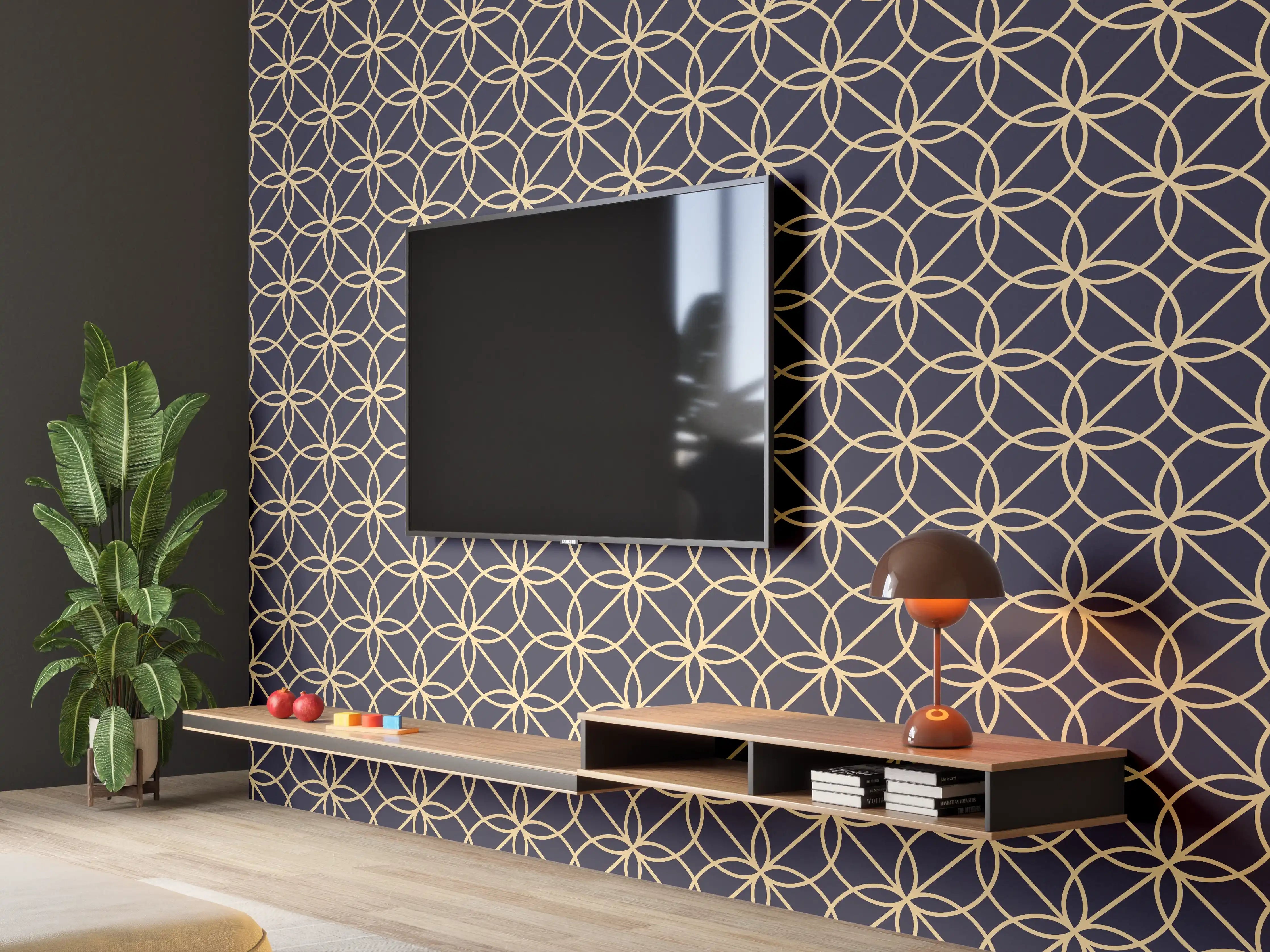 Wandverkleidung Wohnzimmer - Graues geometrisches Muster in Gold und Dunkelblau