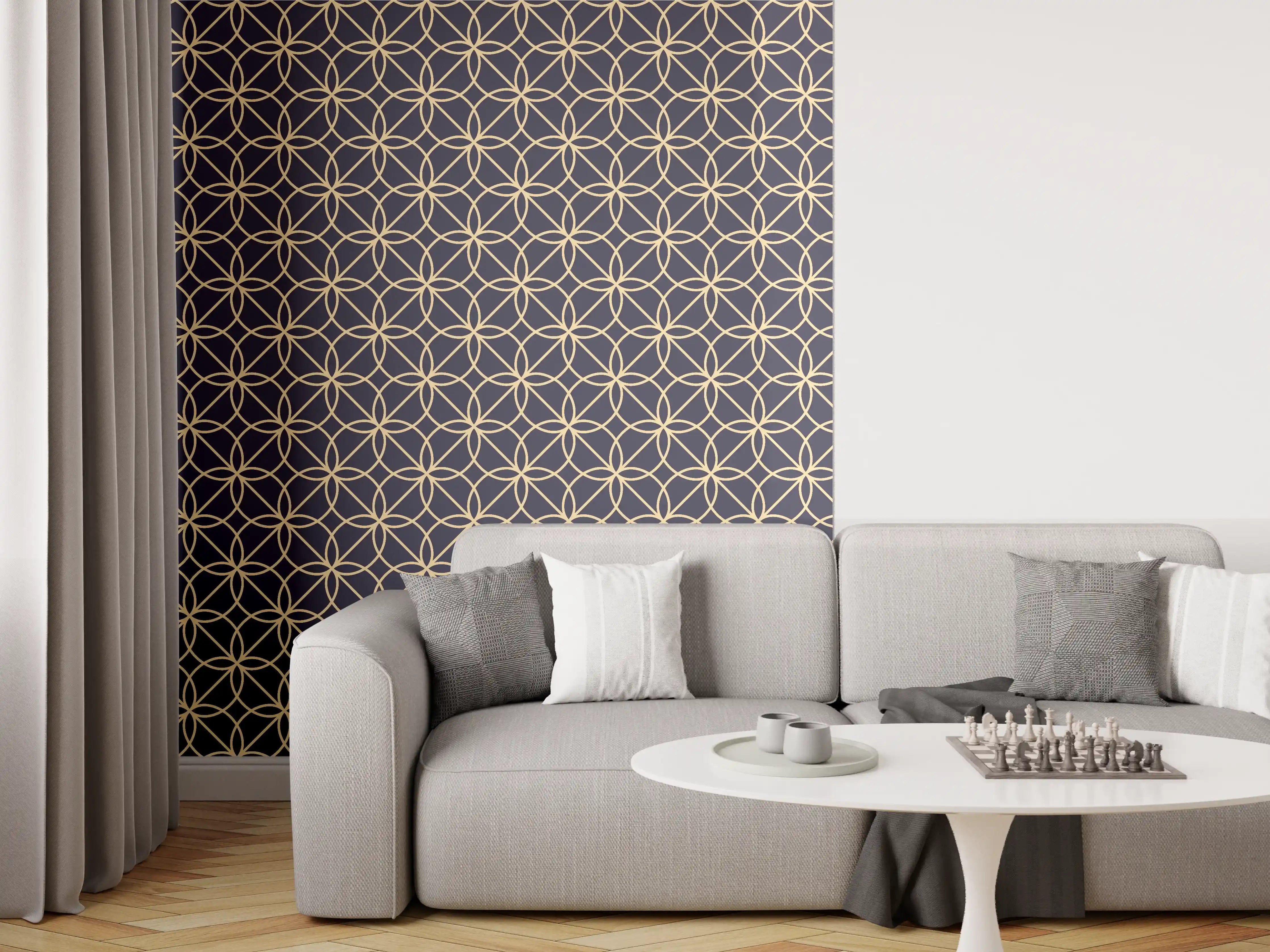 Wandverkleidung Wohnzimmer - Graues geometrisches Muster in Gold und Dunkelblau