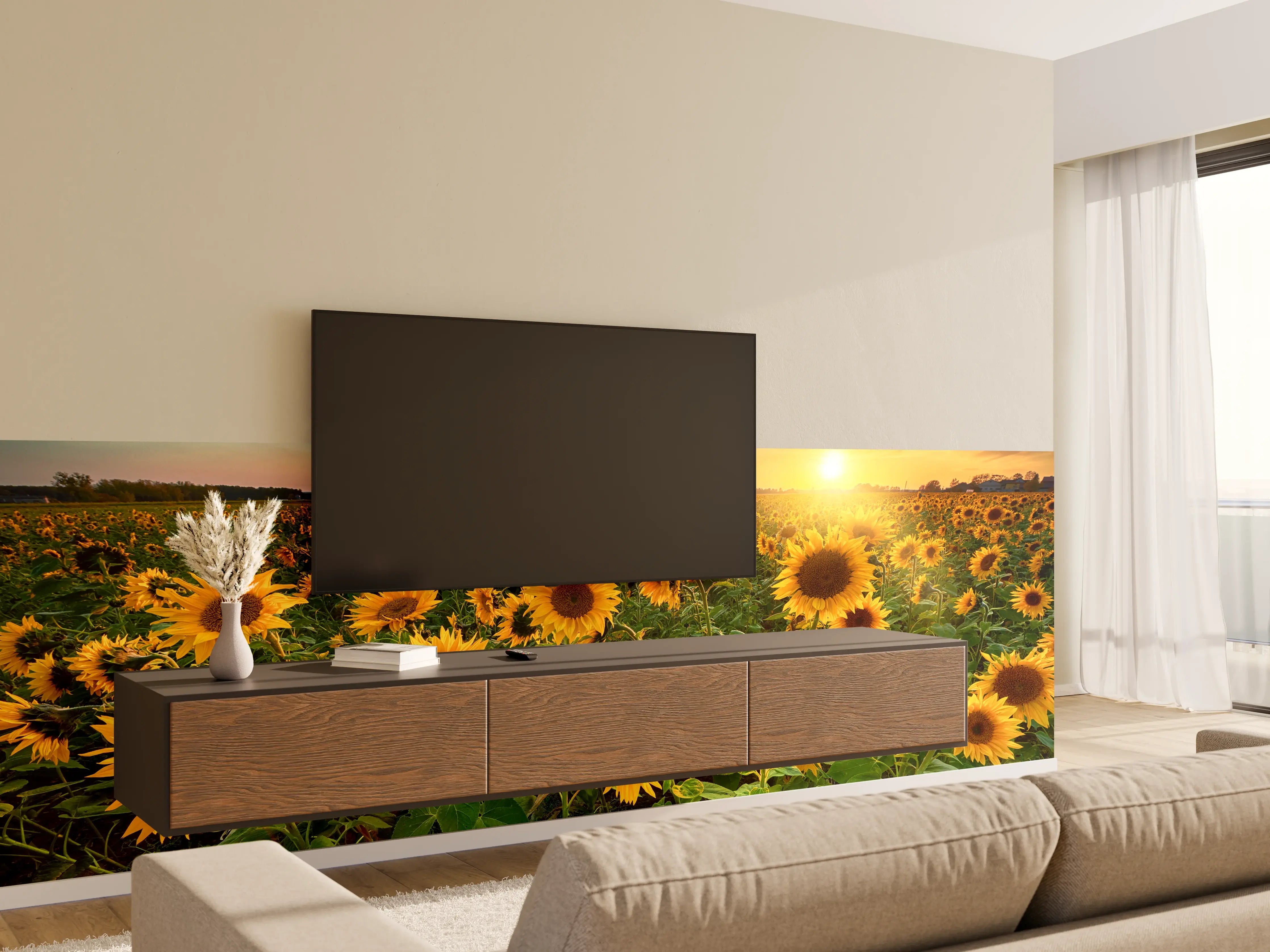 Wandverkleidung Wohnzimmer - Grauwe Sonnenblumen bei Dämmerung