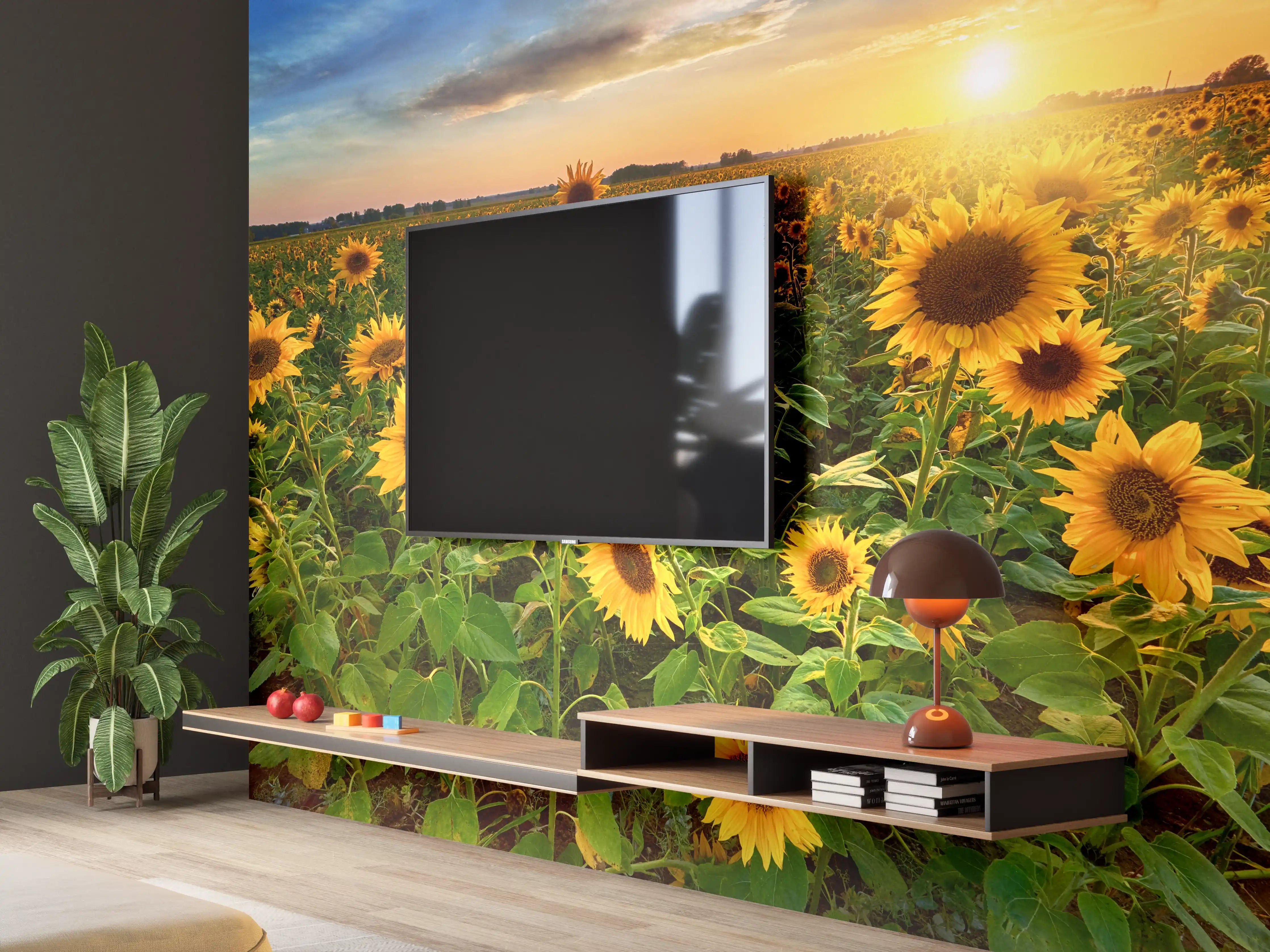 Wandverkleidung Wohnzimmer - Grauwe Sonnenblumen bei Dämmerung