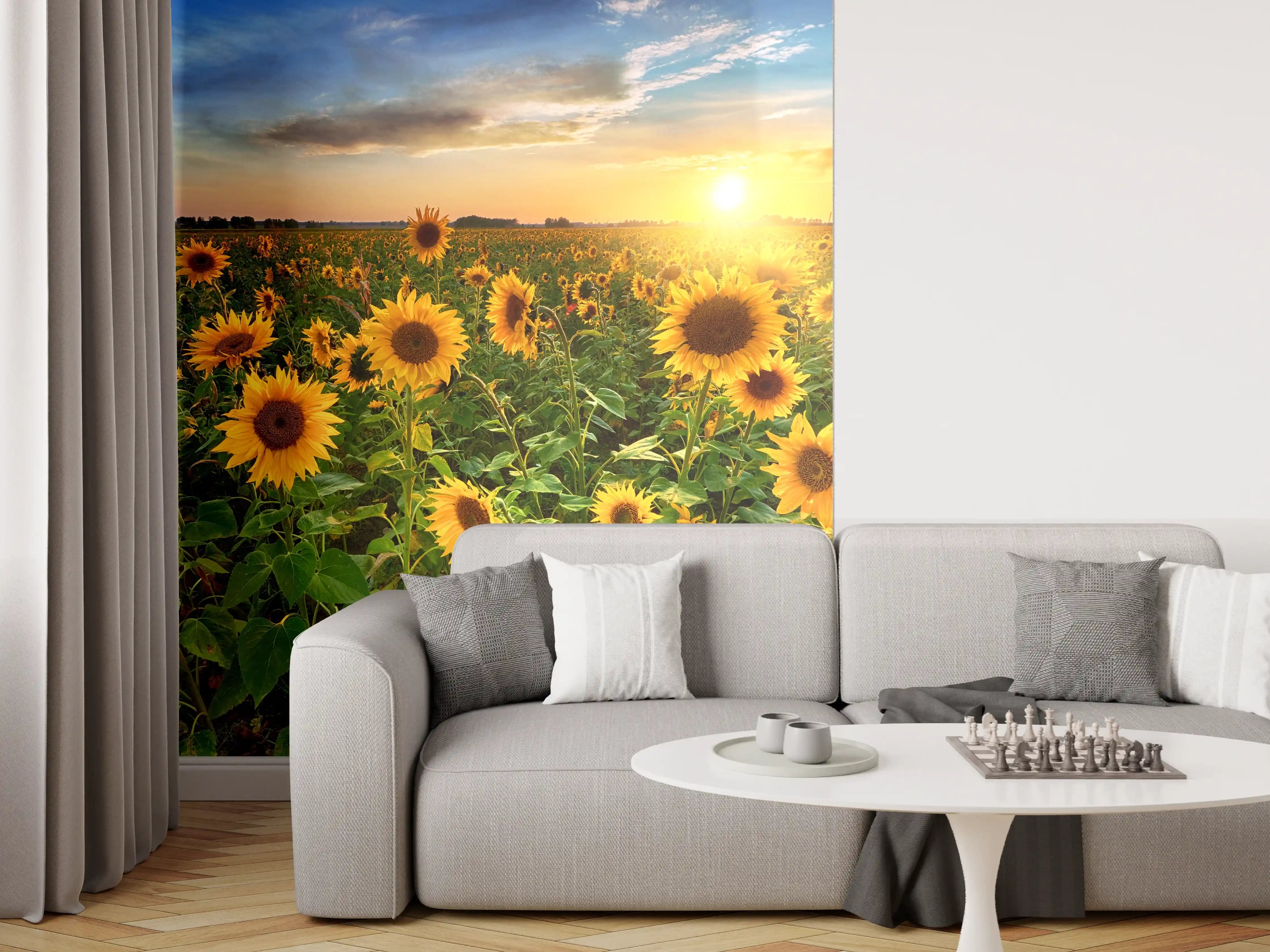 Wandverkleidung Wohnzimmer - Grauwe Sonnenblumen bei Dämmerung