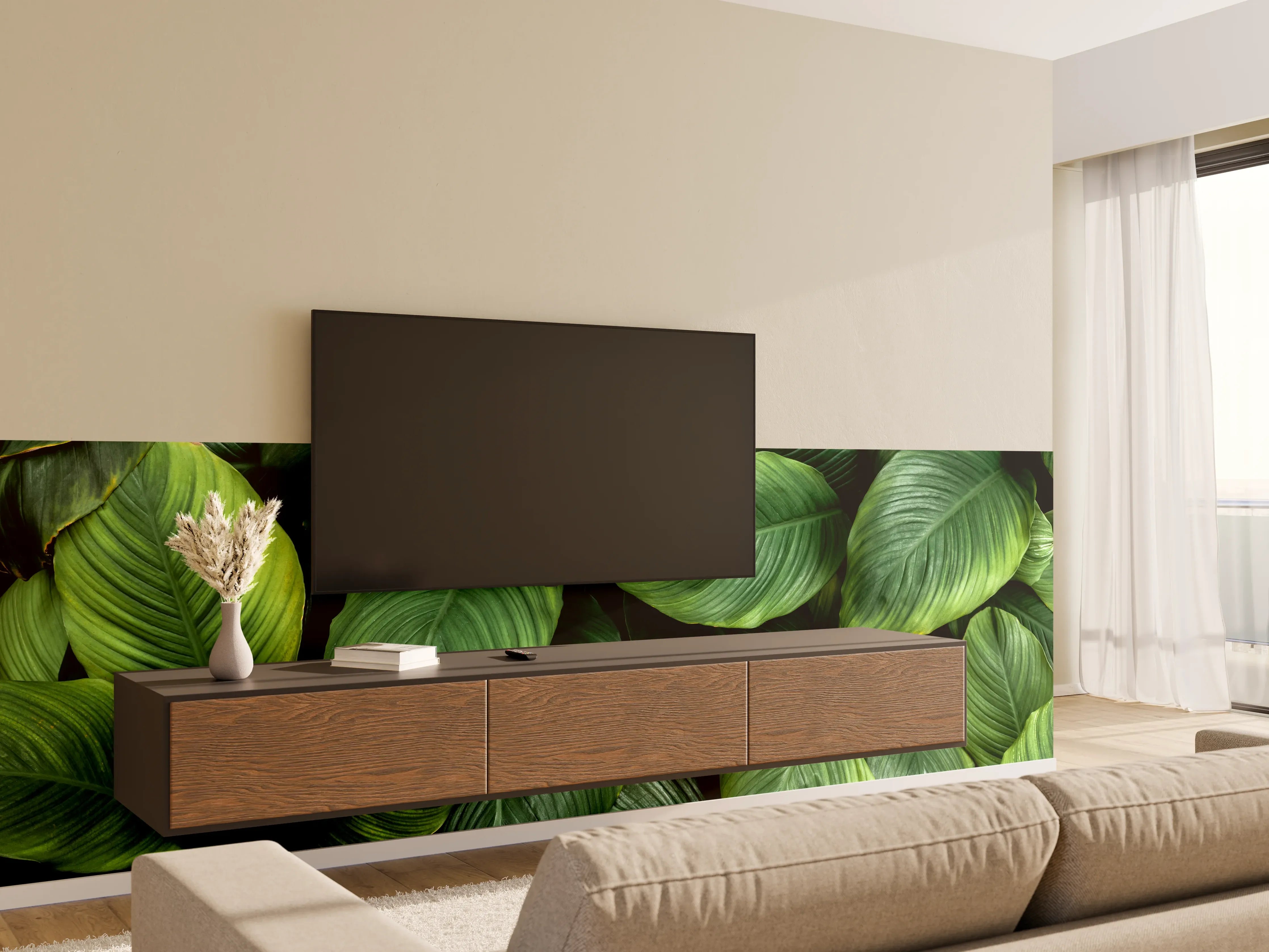Wandverkleidung Wohnzimmer - Große grüne Blätter