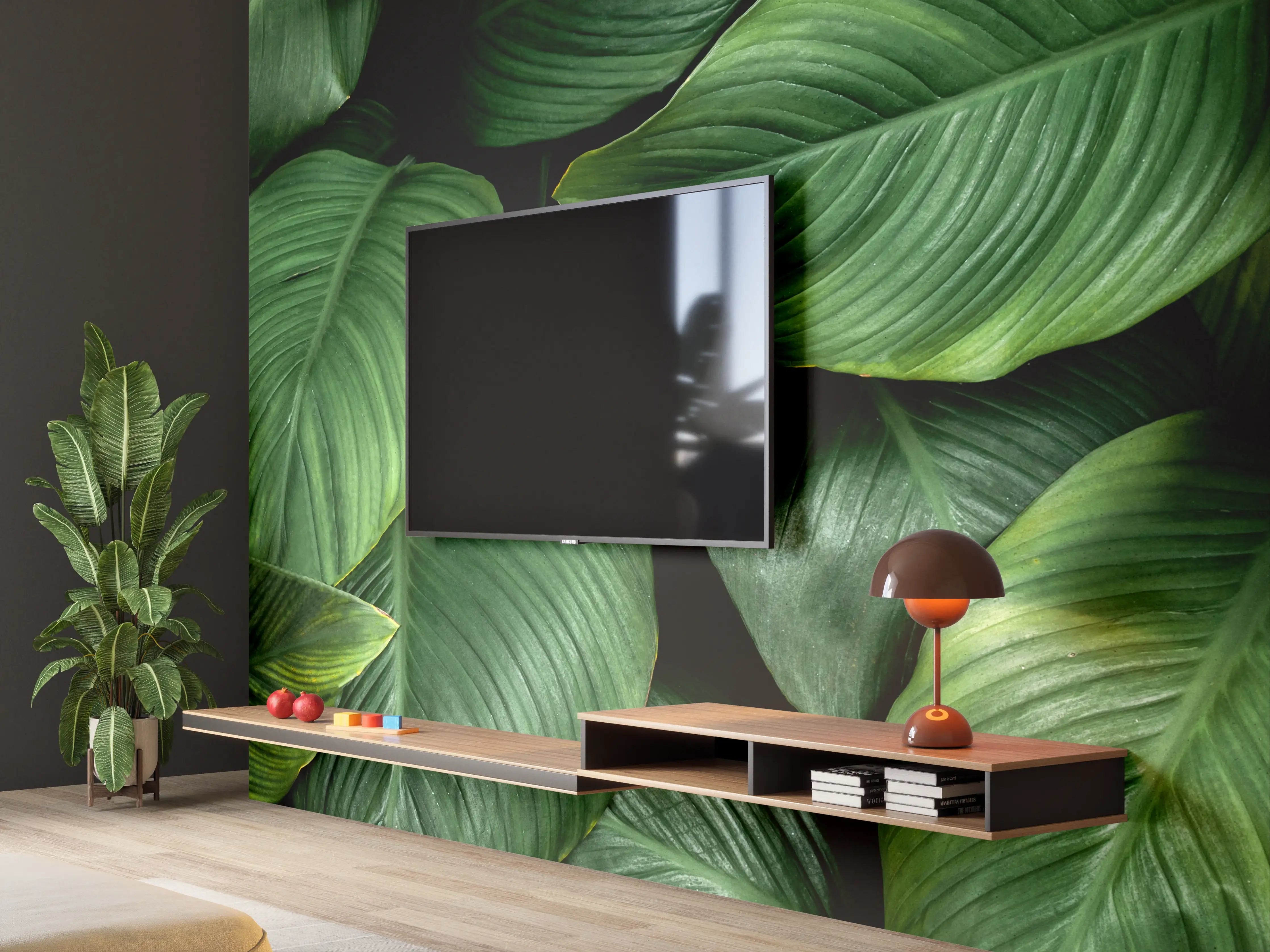 Wandverkleidung Wohnzimmer - Große grüne Blätter