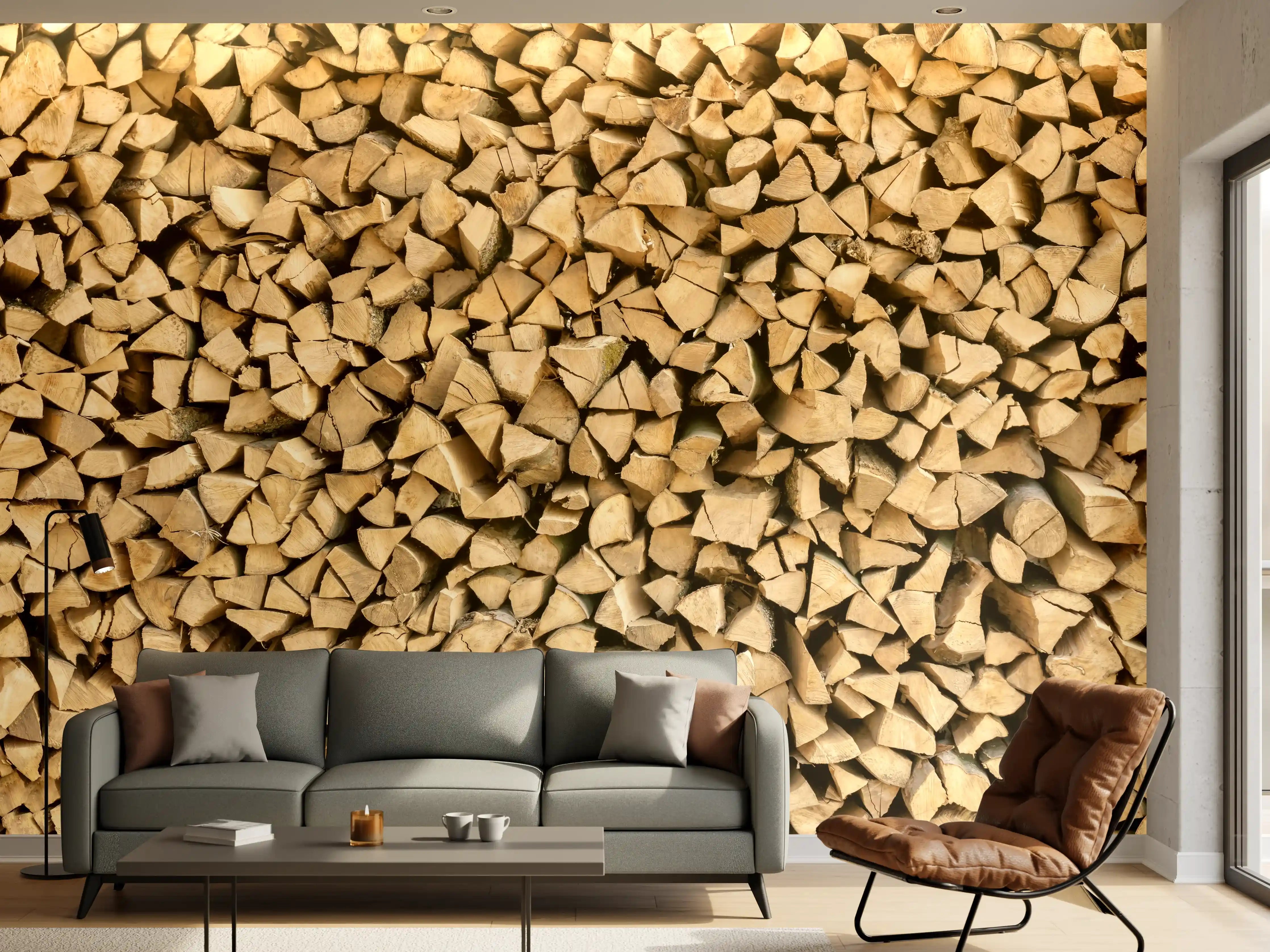 Wandverkleidung Wohnzimmer - Großer Haufen Holzscheite