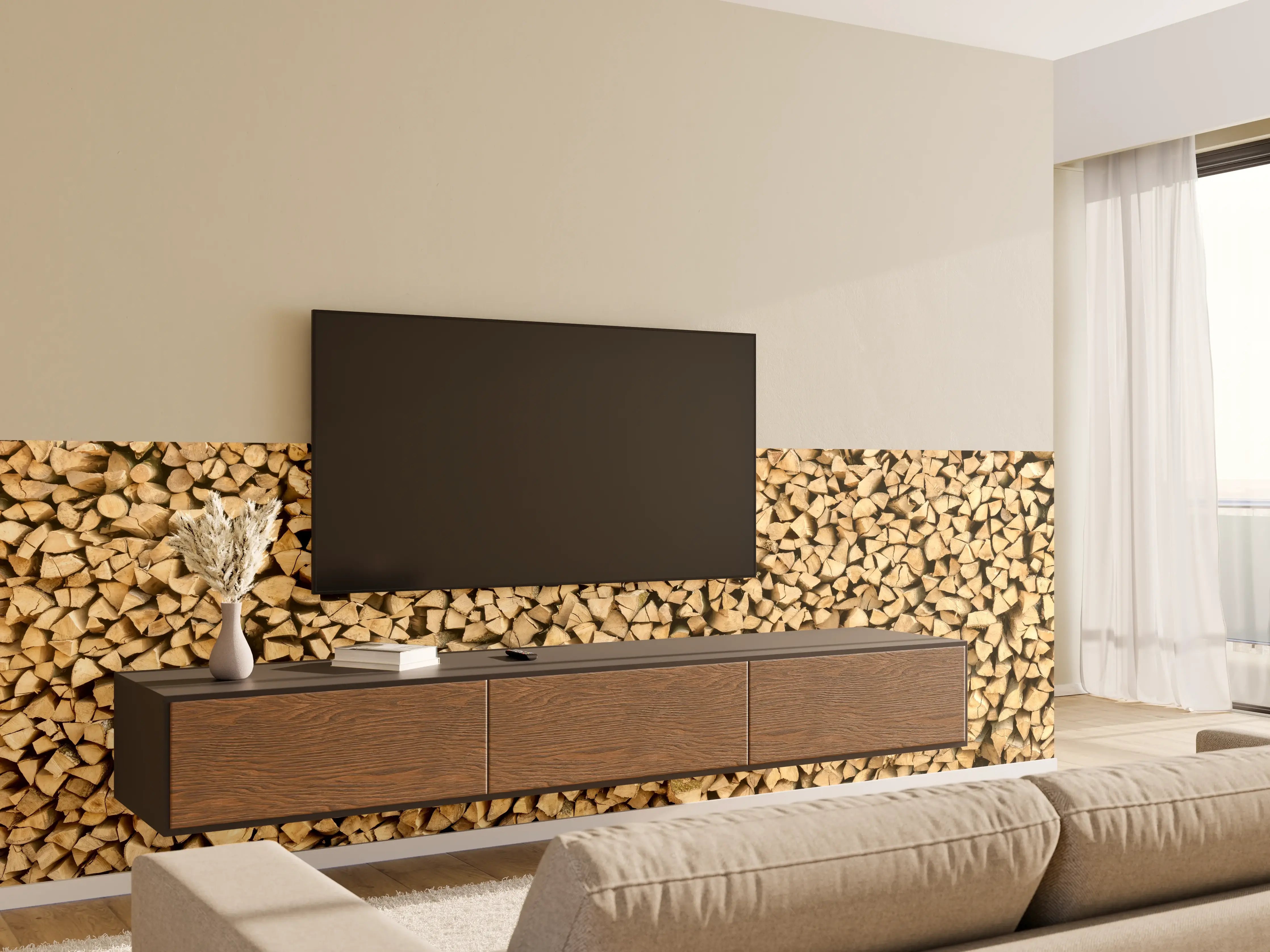 Wandverkleidung Wohnzimmer - Großer Haufen Holzscheite