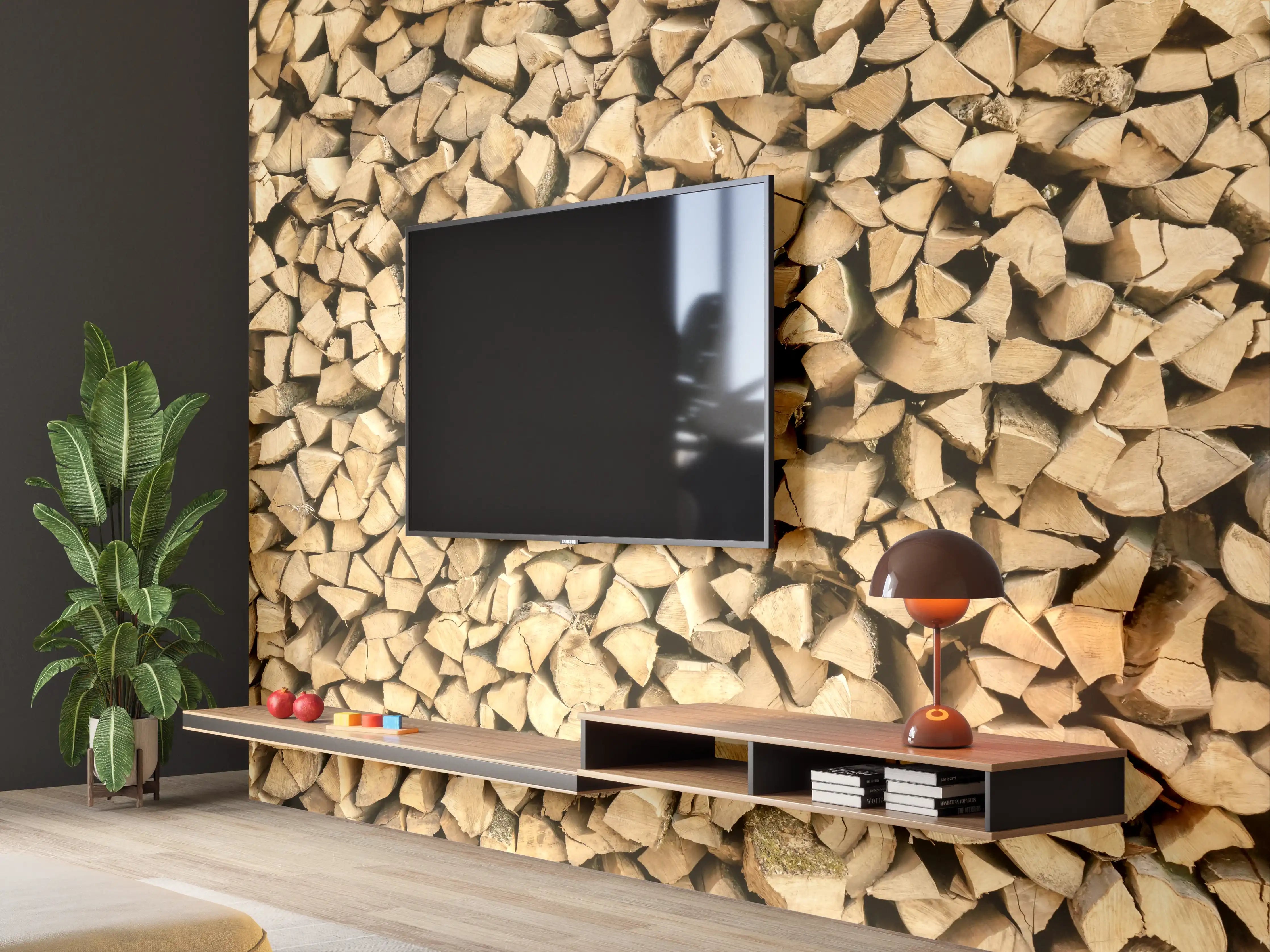 Wandverkleidung Wohnzimmer - Großer Haufen Holzscheite