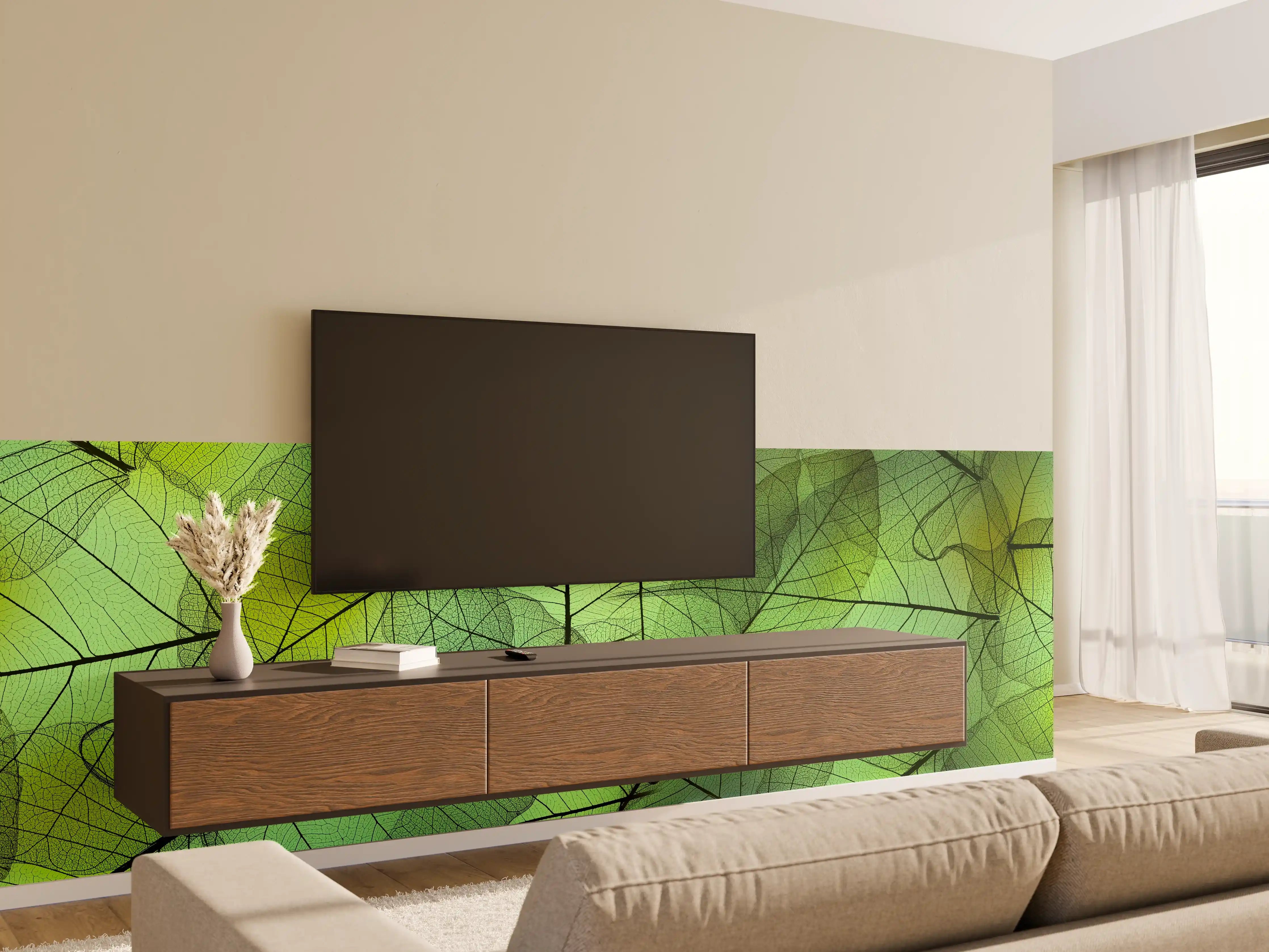 Wandverkleidung Wohnzimmer - Grün-Gelbe Blattstruktur Makro