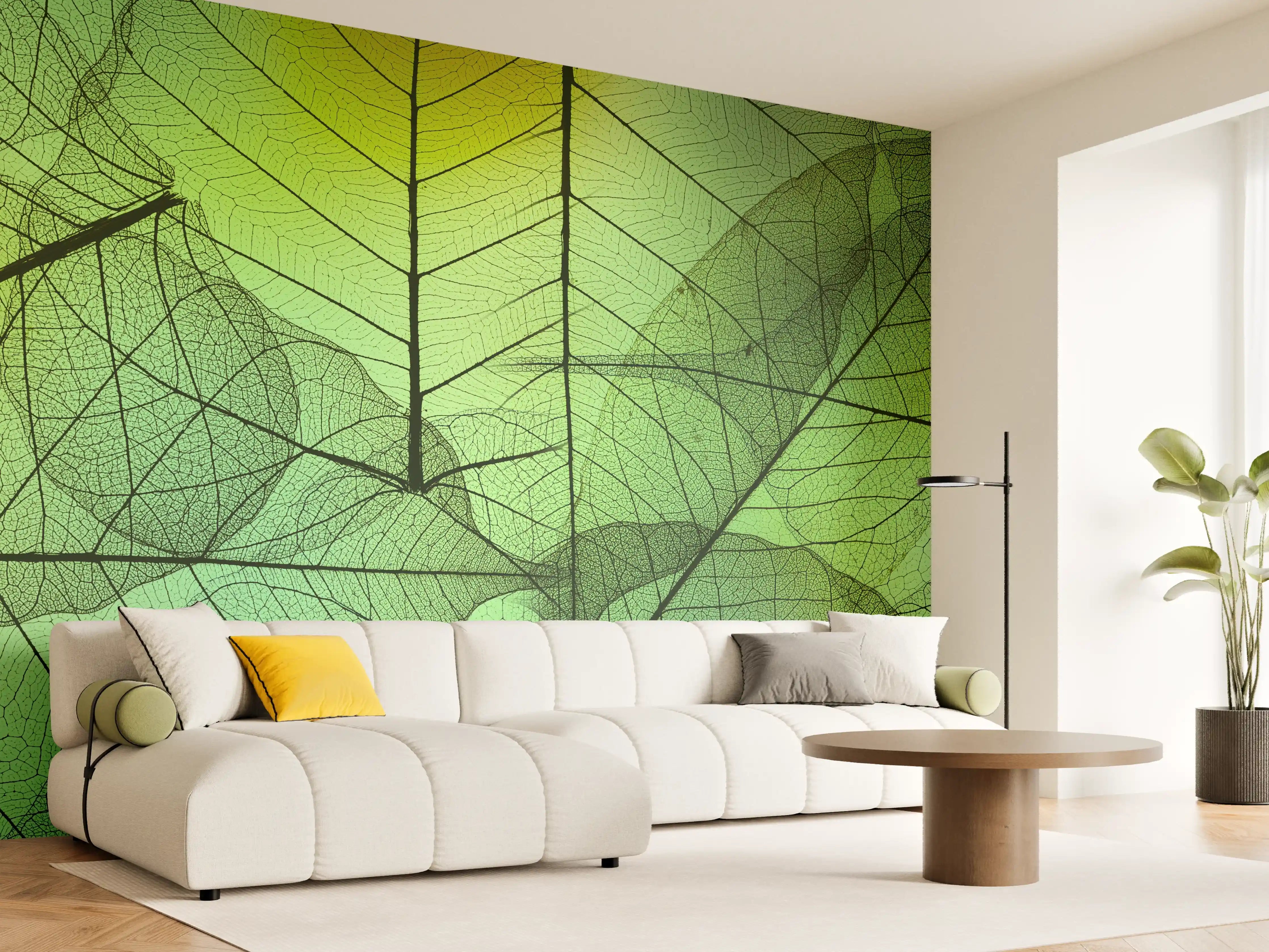 Wandverkleidung Wohnzimmer - Grün-Gelbe Blattstruktur Makro