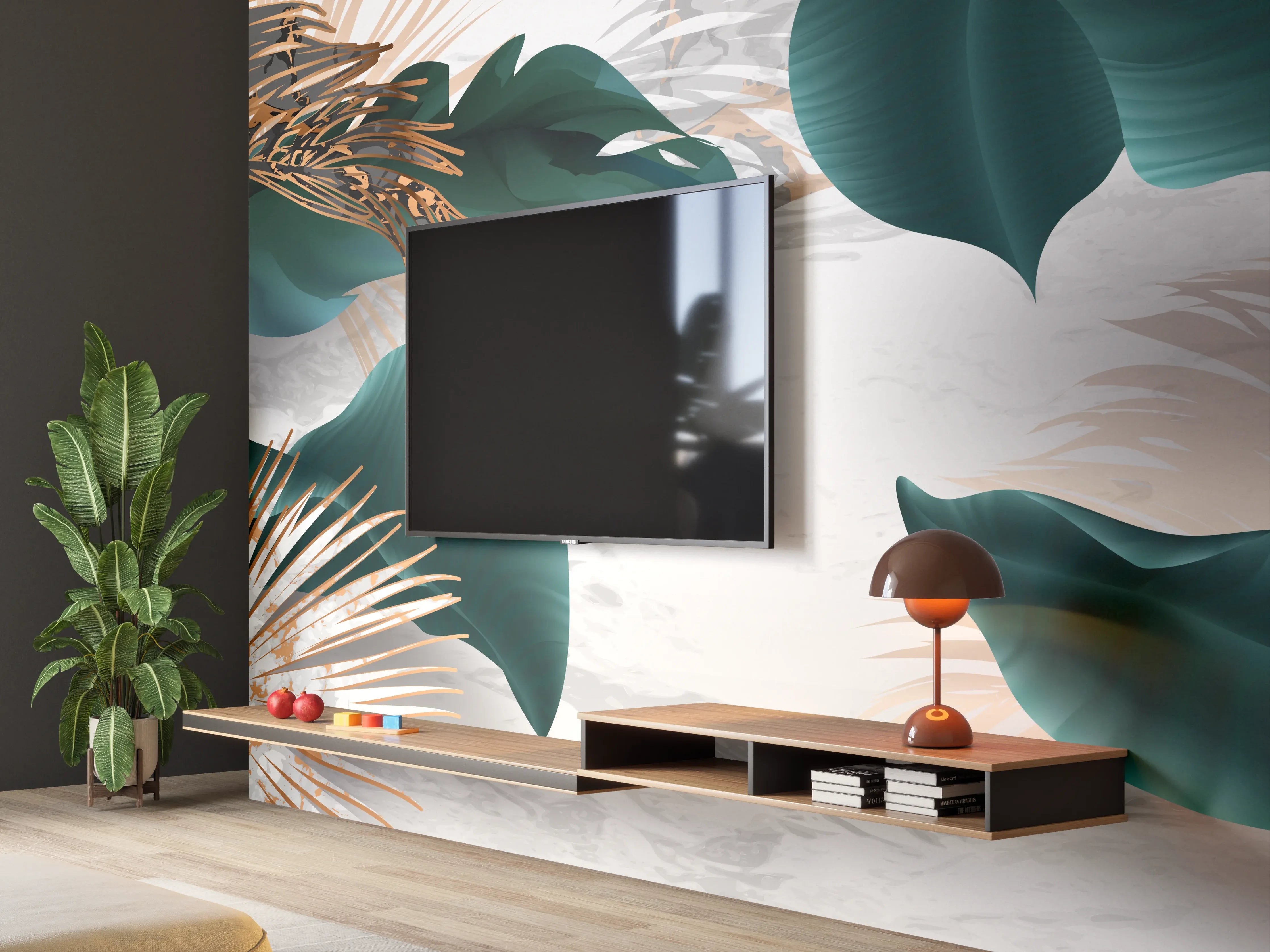 Wandverkleidung Wohnzimmer - Grün-Goldene Pflanzenmusterung