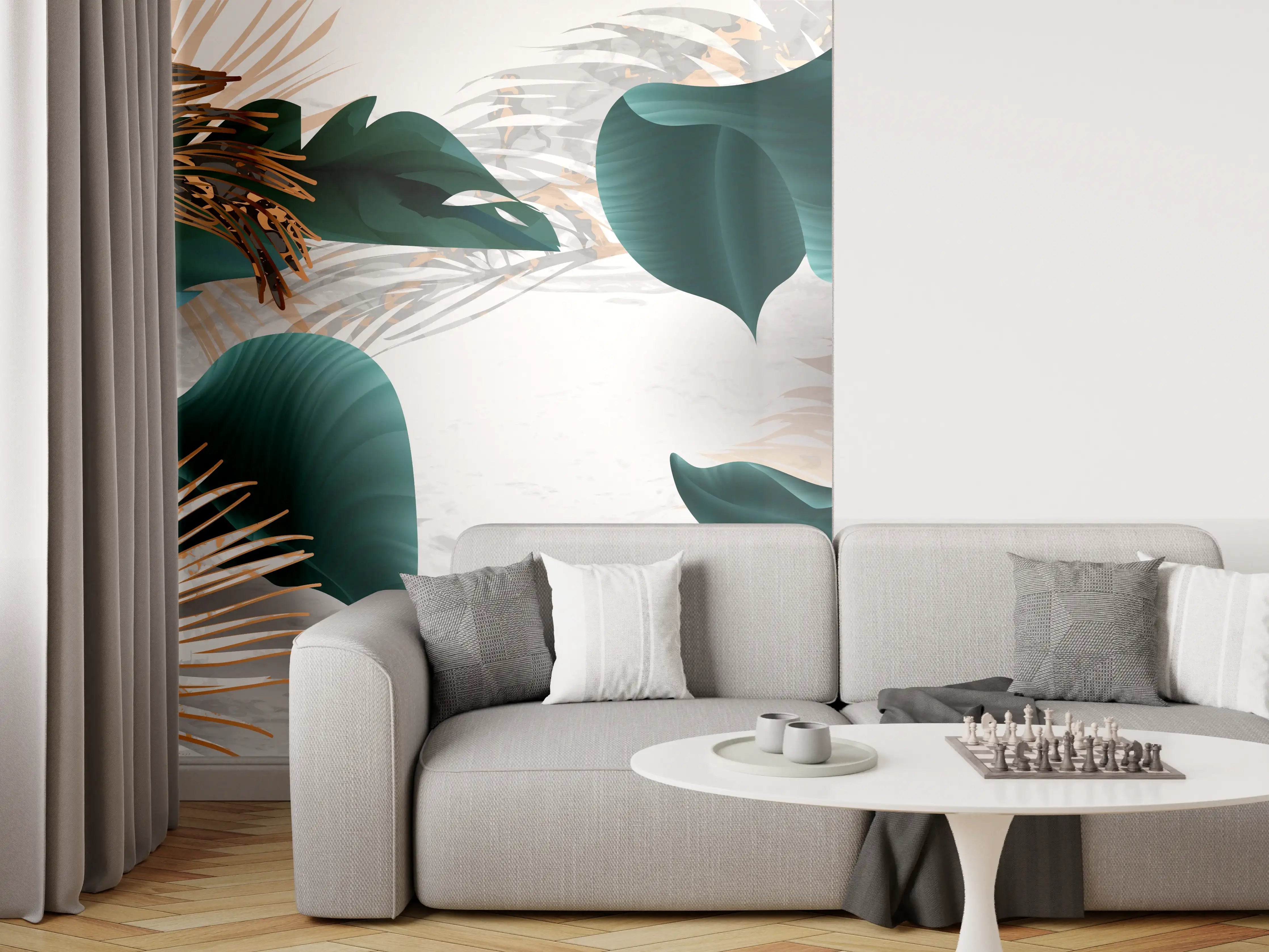Wandverkleidung Wohnzimmer - Grün-Goldene Pflanzenmusterung