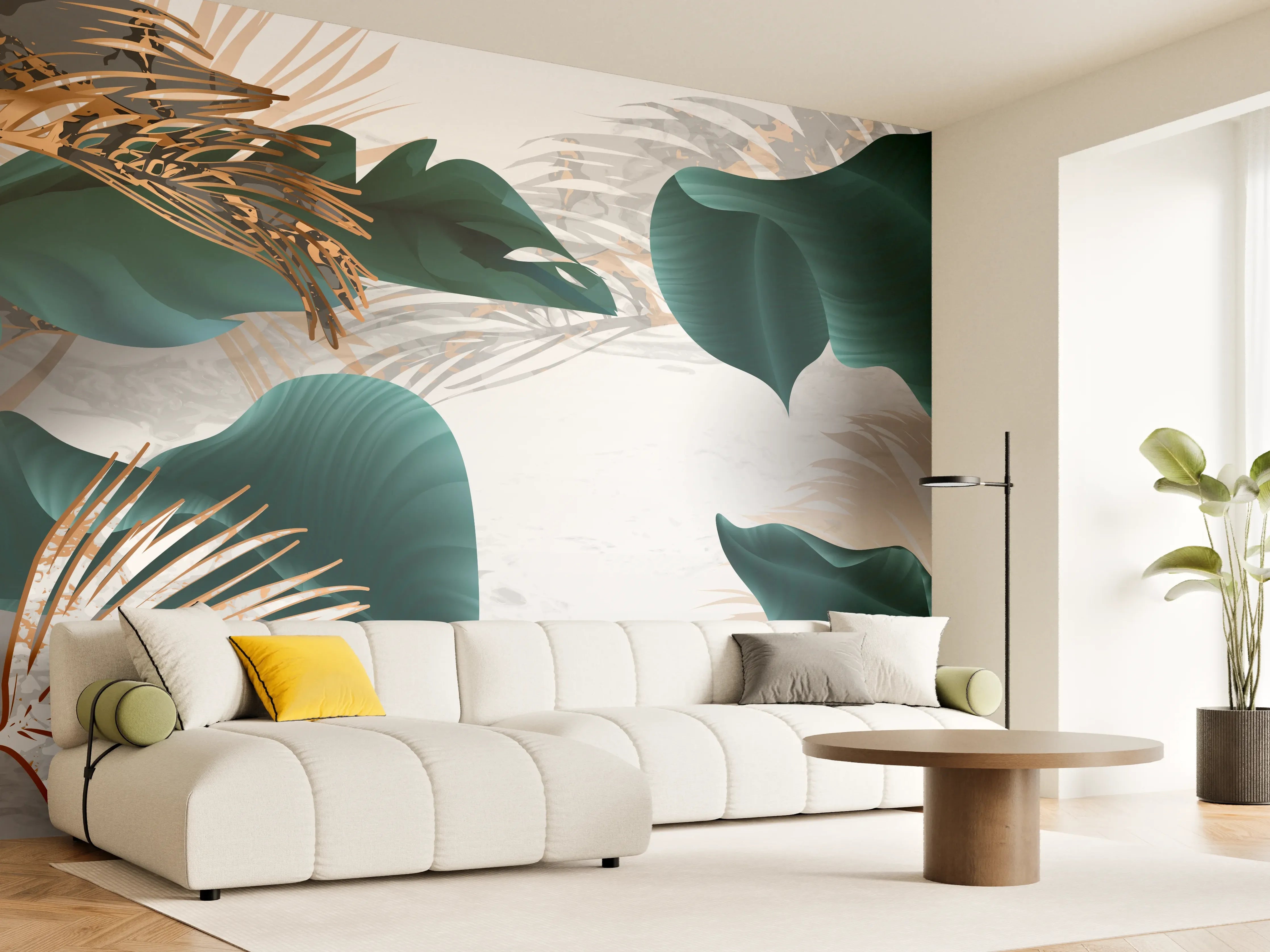 Wandverkleidung Wohnzimmer - Grün-Goldene Pflanzenmusterung