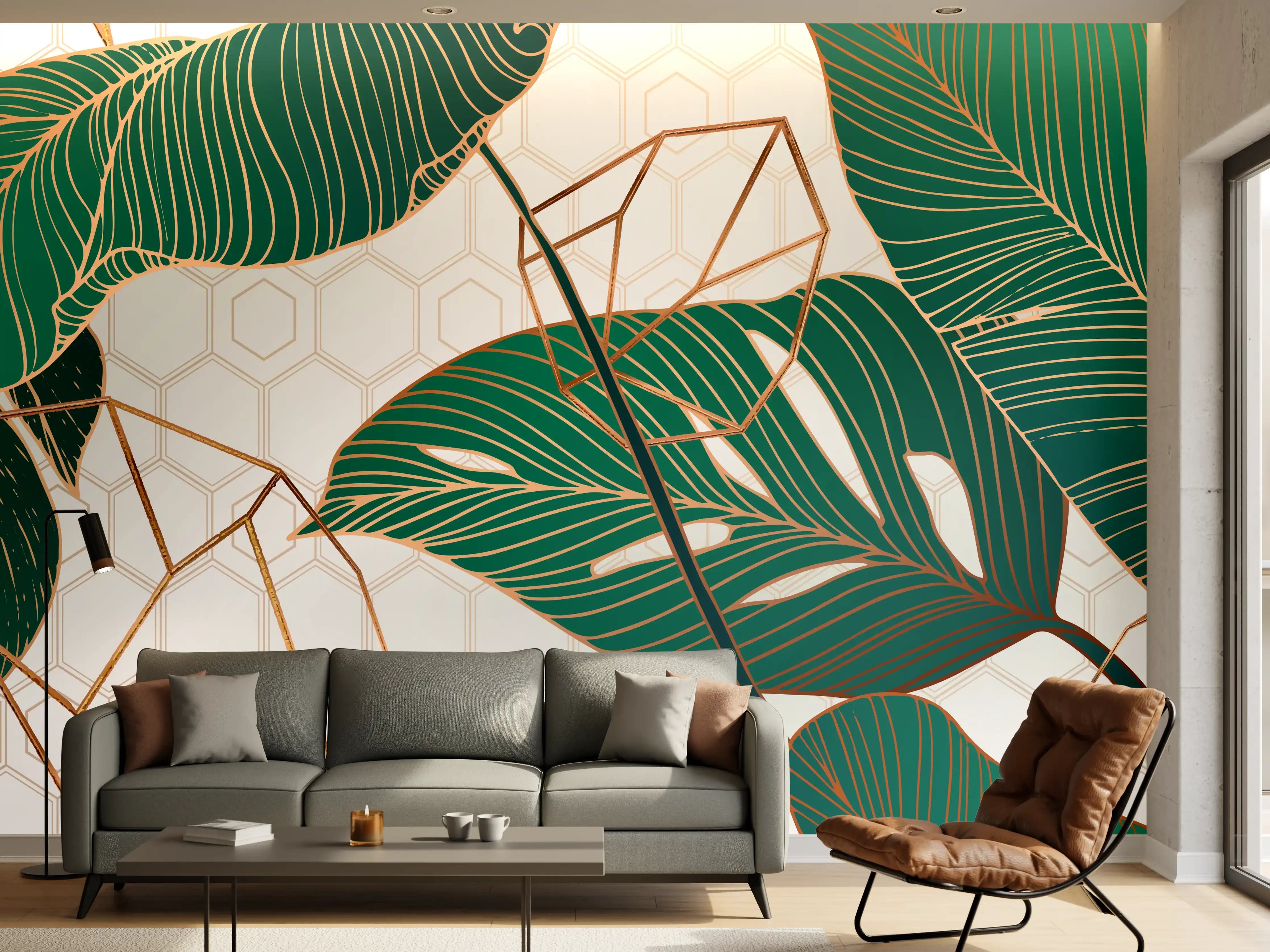 Wandverkleidung Wohnzimmer - Grün-Weißes Blattmuster Design