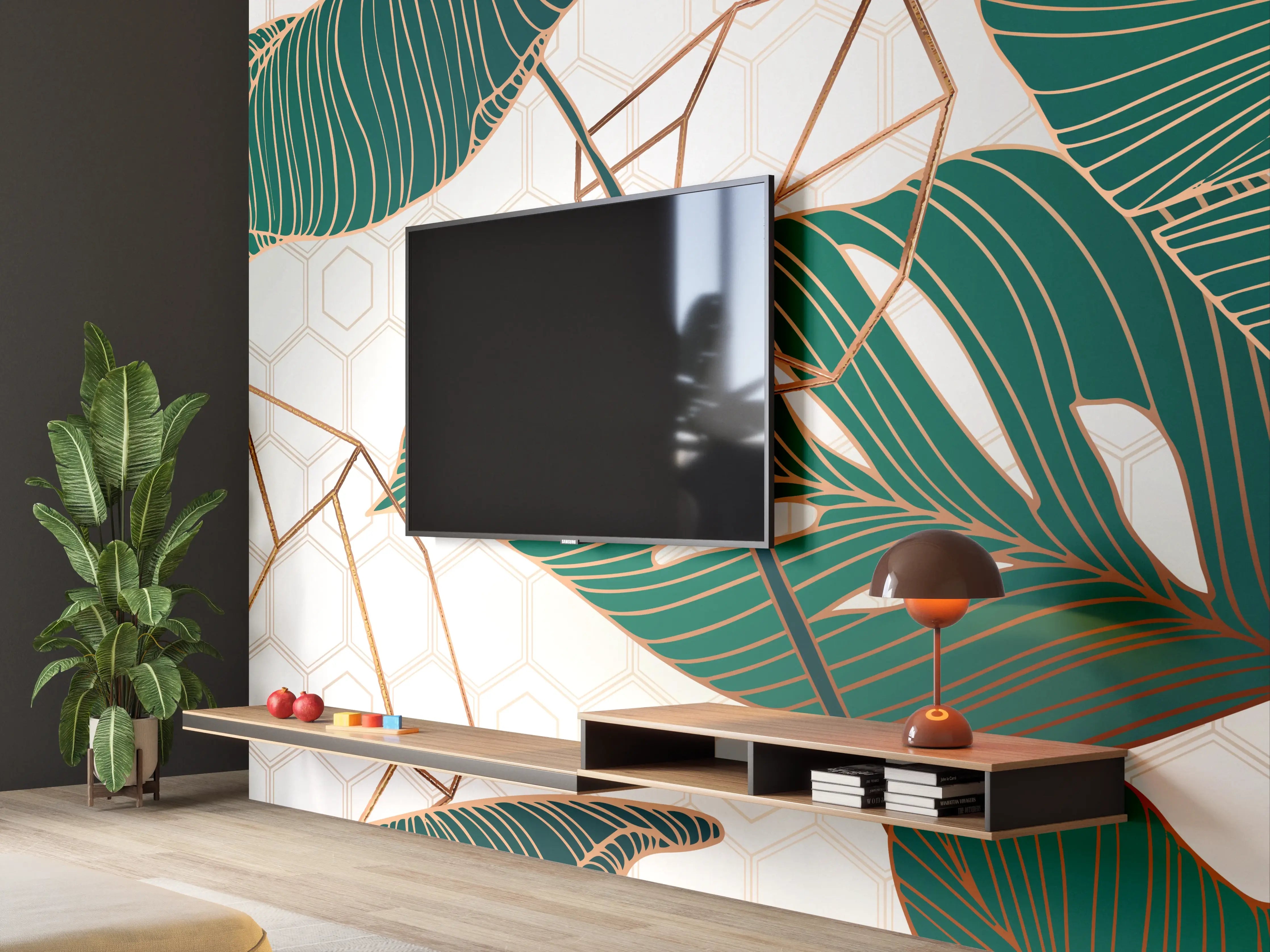 Wandverkleidung Wohnzimmer - Grün-Weißes Blattmuster Design