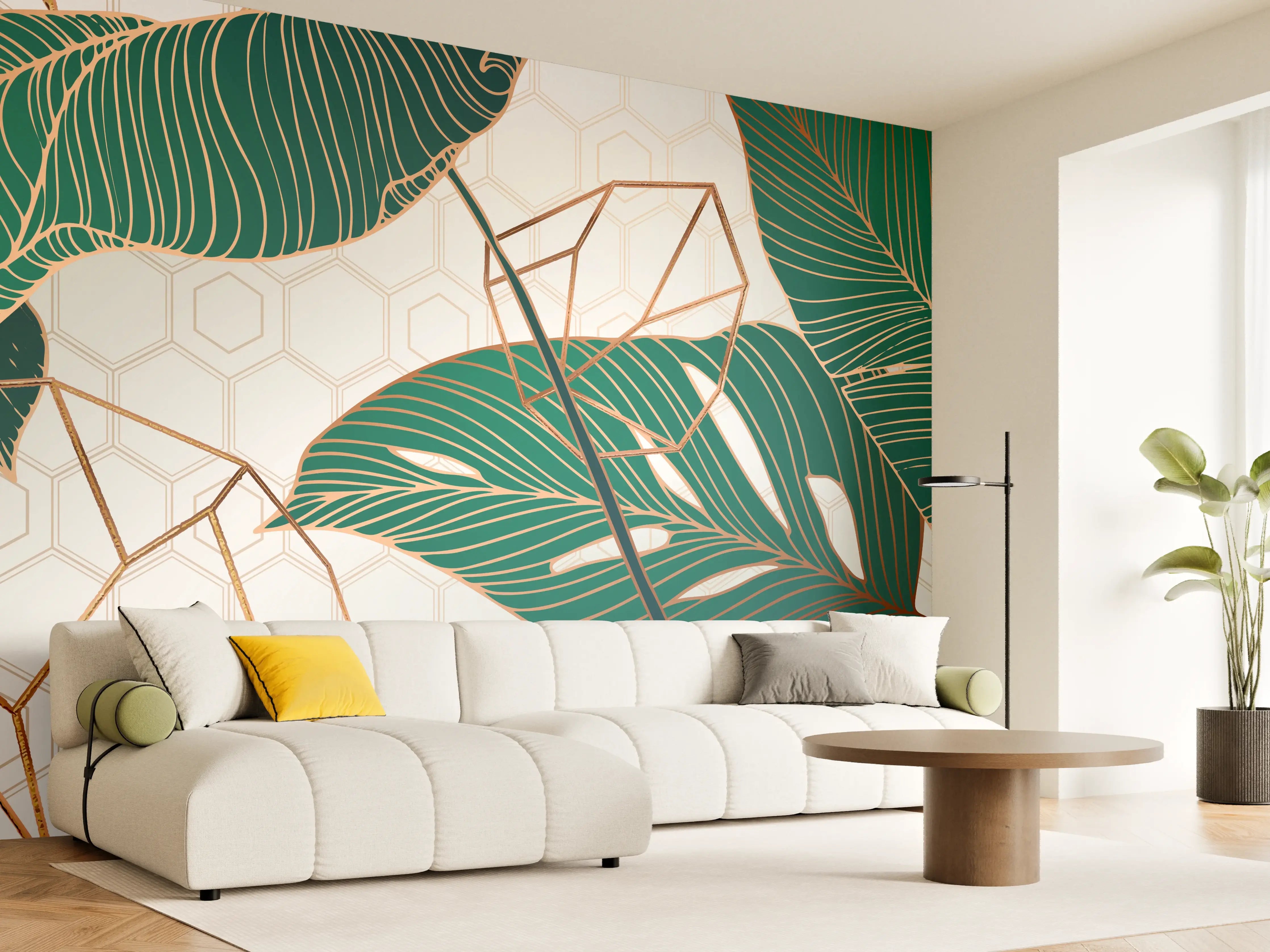 Wandverkleidung Wohnzimmer - Grün-Weißes Blattmuster Design