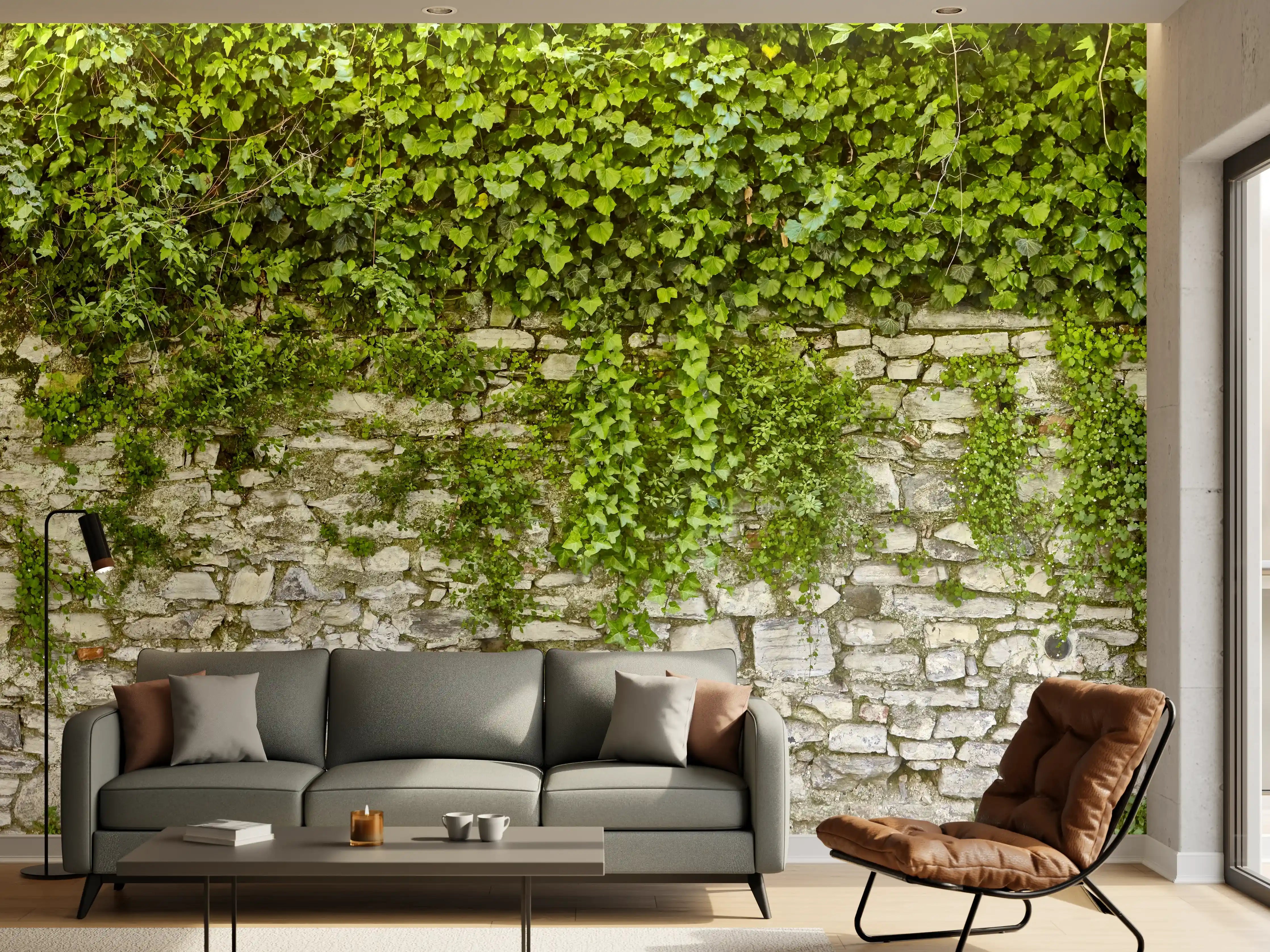 Wandverkleidung Wohnzimmer - Grün überwucherte Burgmauer