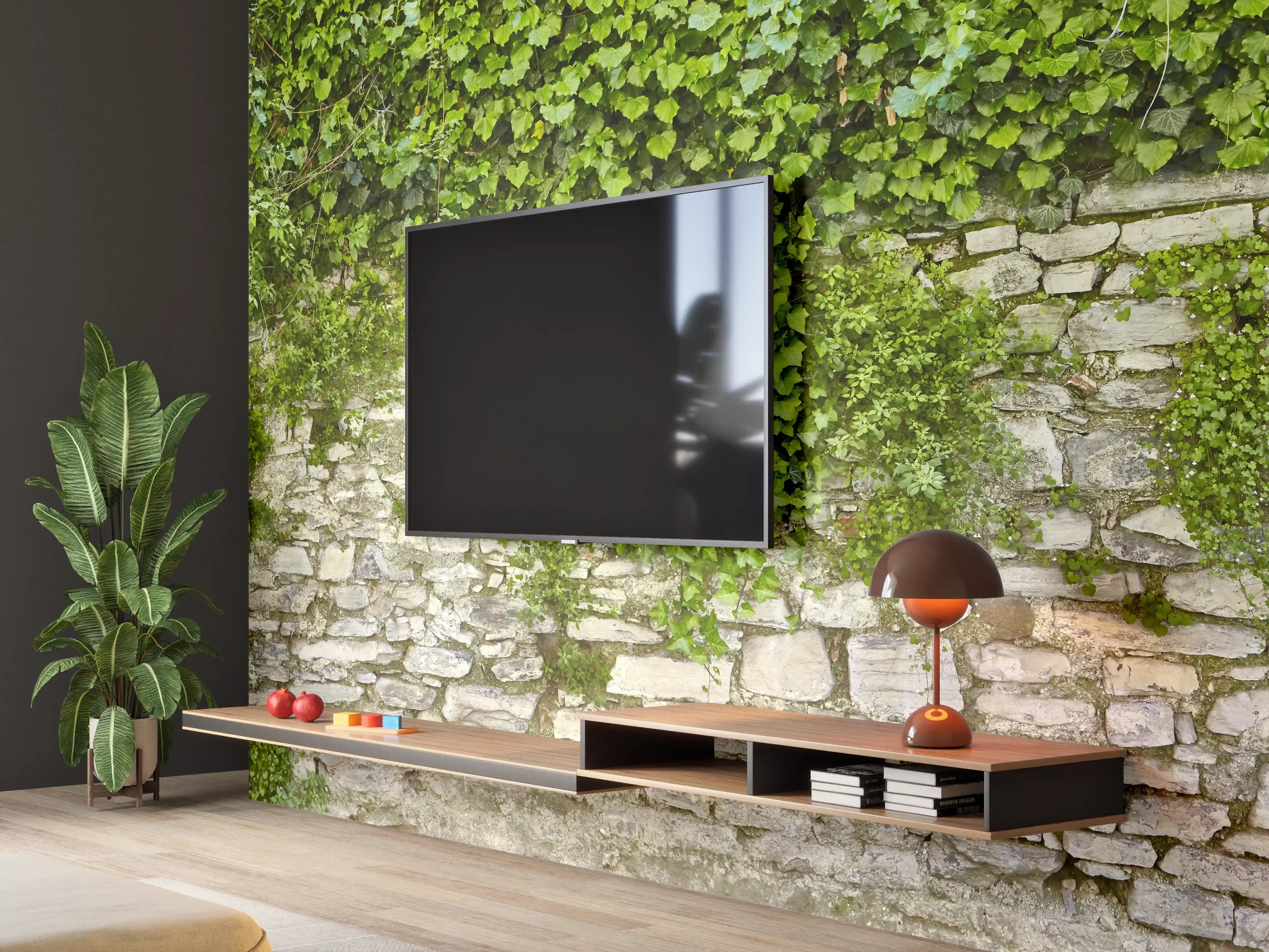 Wandverkleidung Wohnzimmer - Grün überwucherte Burgmauer