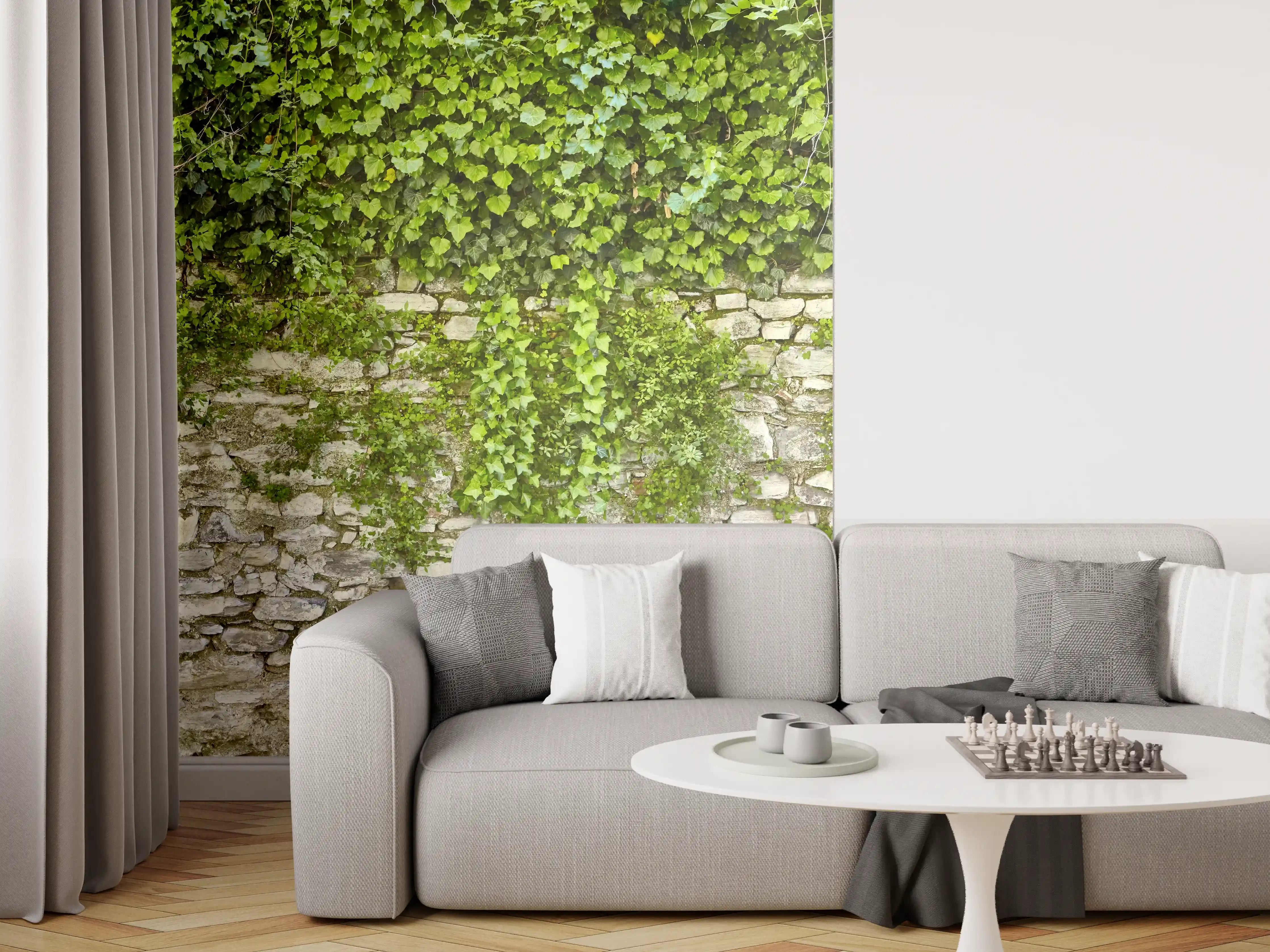 Wandverkleidung Wohnzimmer - Grün überwucherte Burgmauer