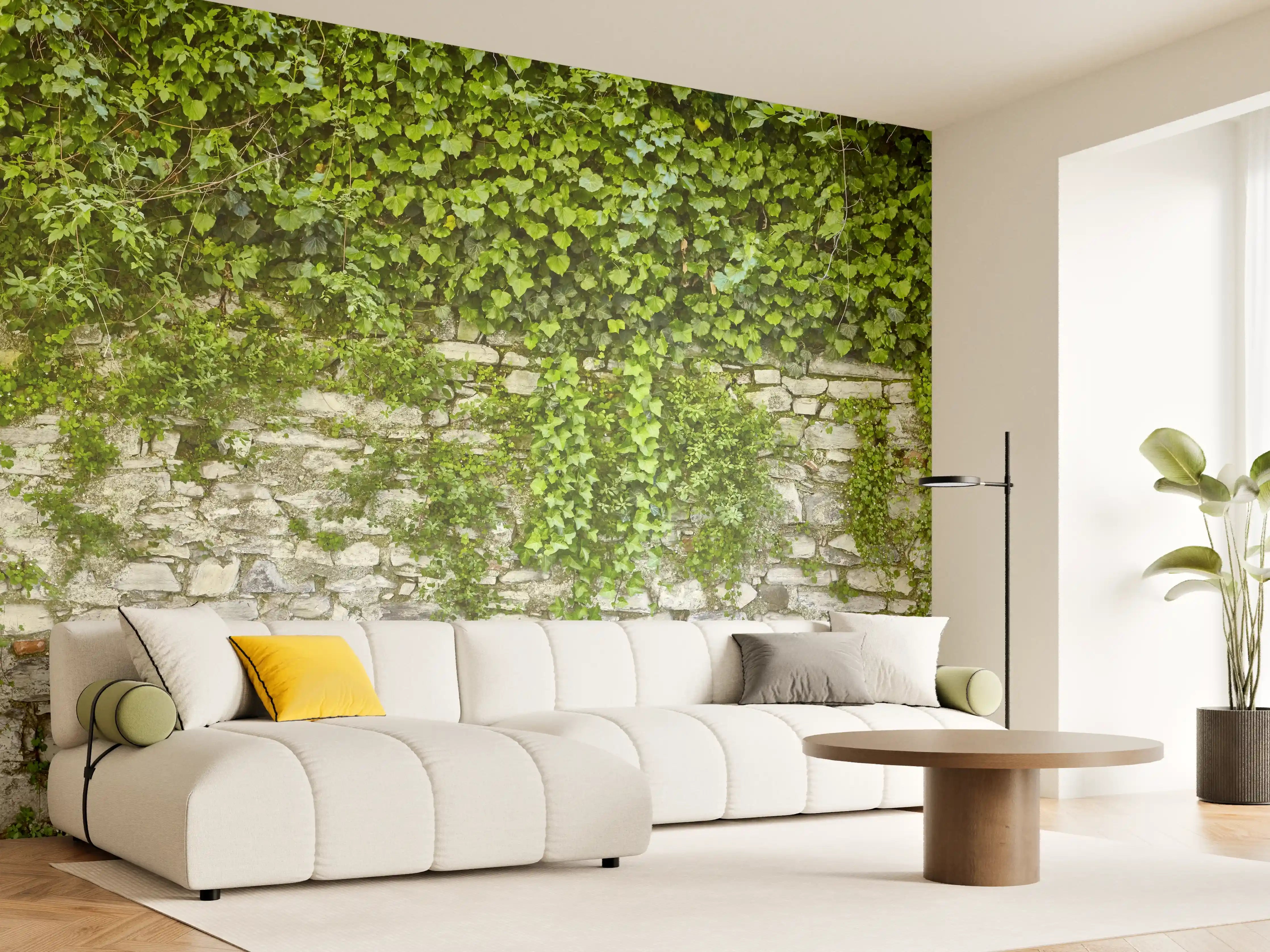 Wandverkleidung Wohnzimmer - Grün überwucherte Burgmauer