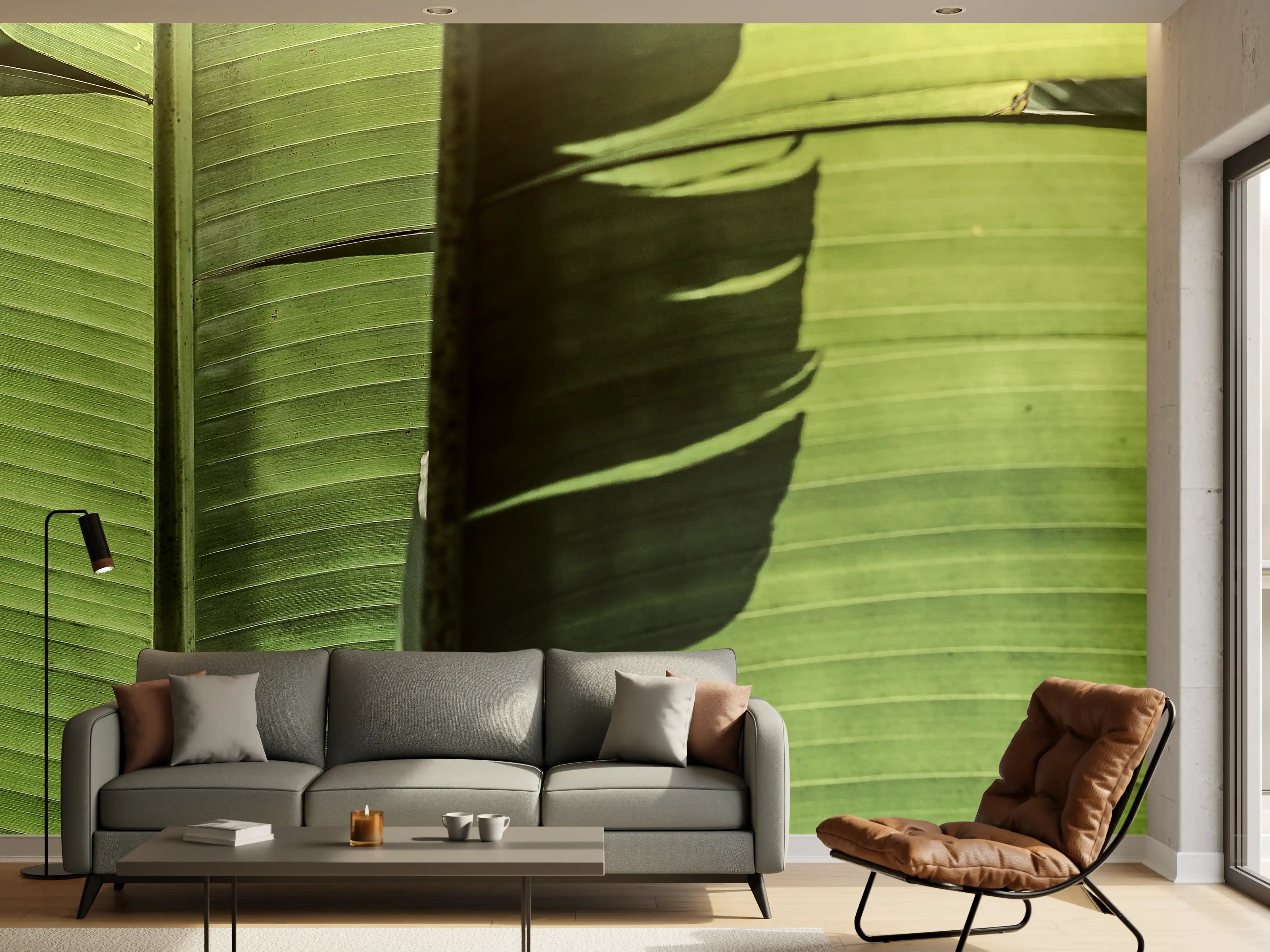 Wandverkleidung Wohnzimmer - Grüne Bananenblätter im sonnigen Licht