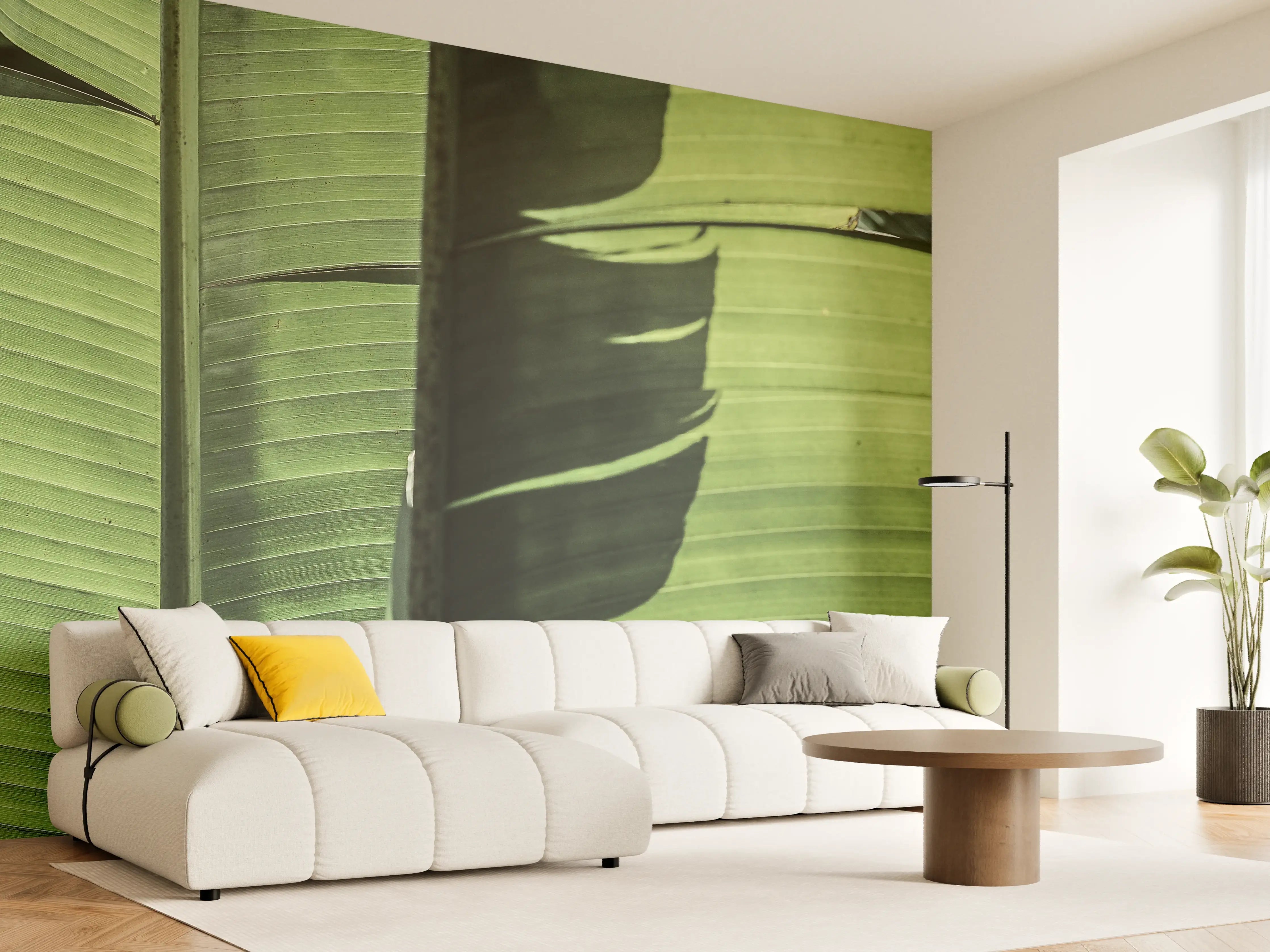 Wandverkleidung Wohnzimmer - Grüne Bananenblätter im sonnigen Licht