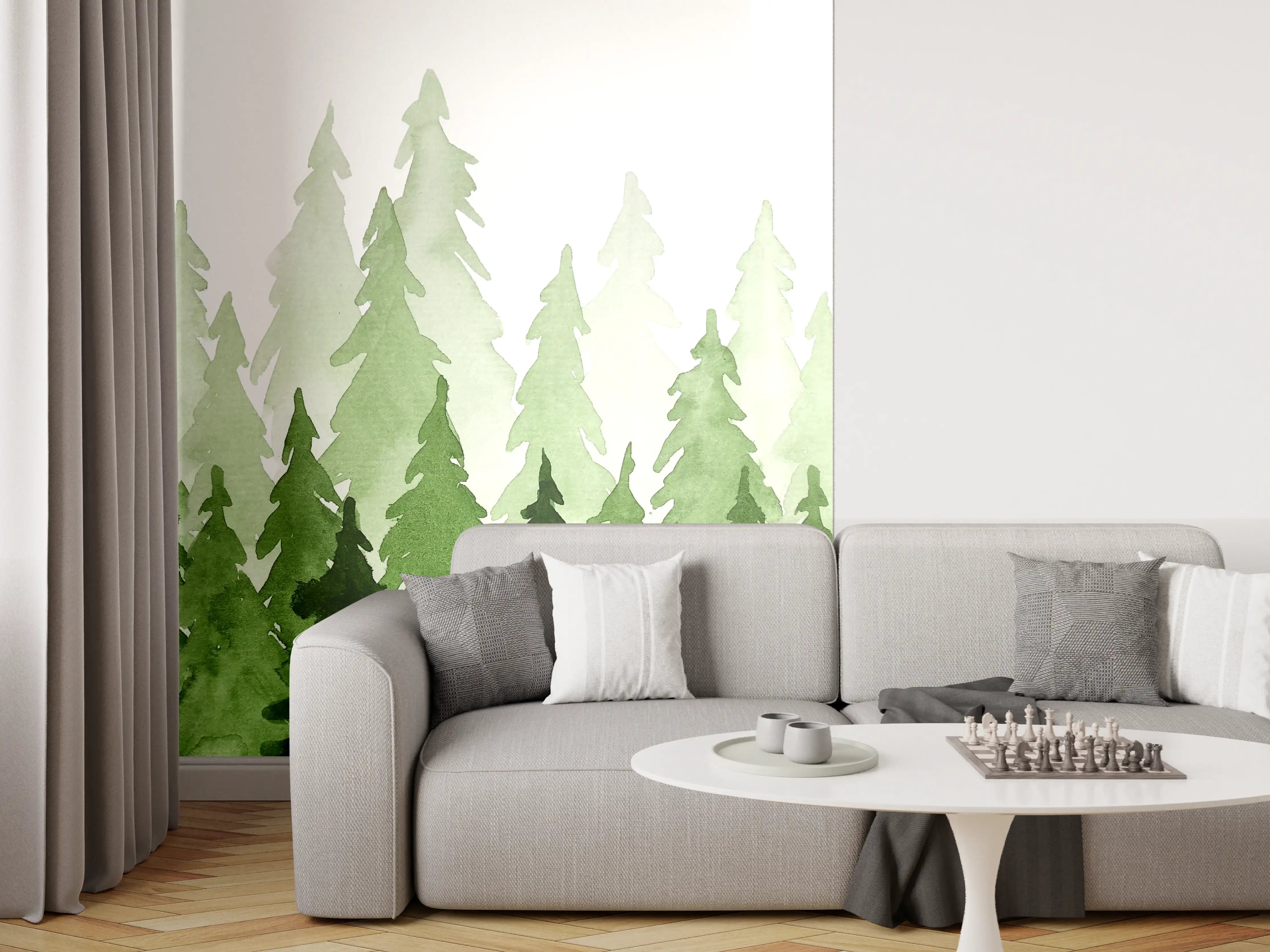 Wandverkleidung Wohnzimmer - Grüne Baumwälder mit verschiedenen Grüntönen