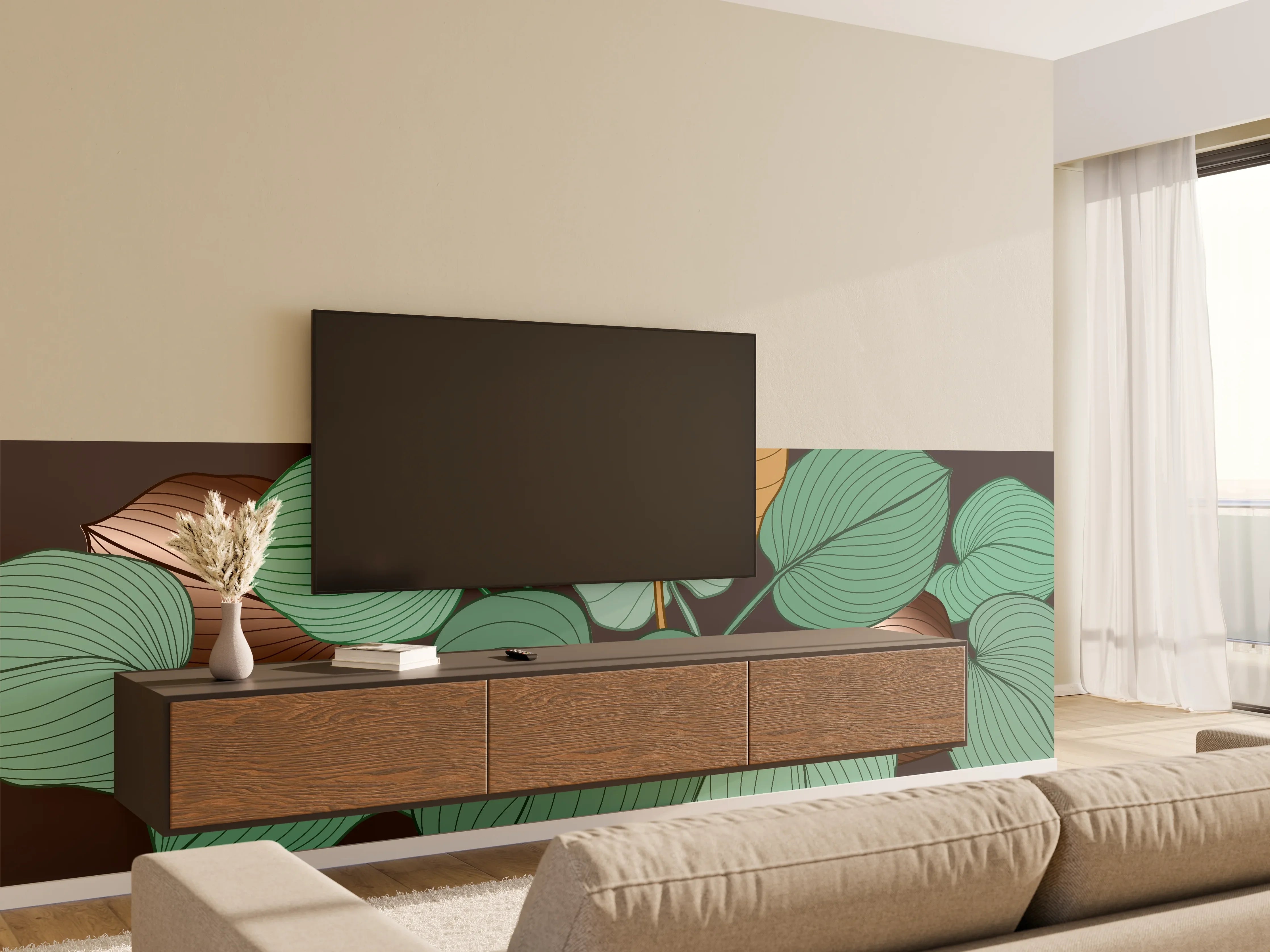 Wandverkleidung Wohnzimmer - Grüne Blätter Illustration