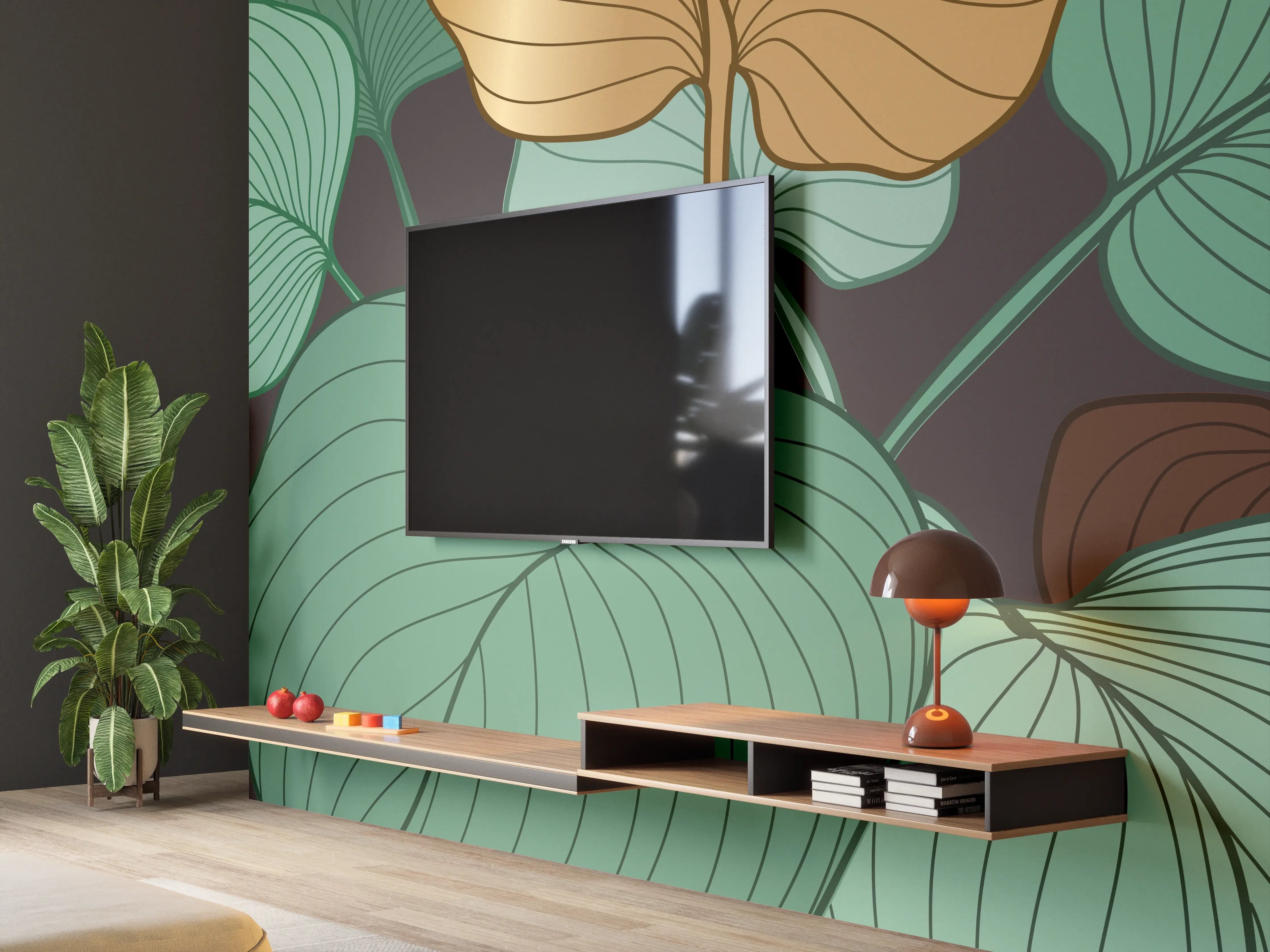 Wandverkleidung Wohnzimmer - Grüne Blätter Illustration