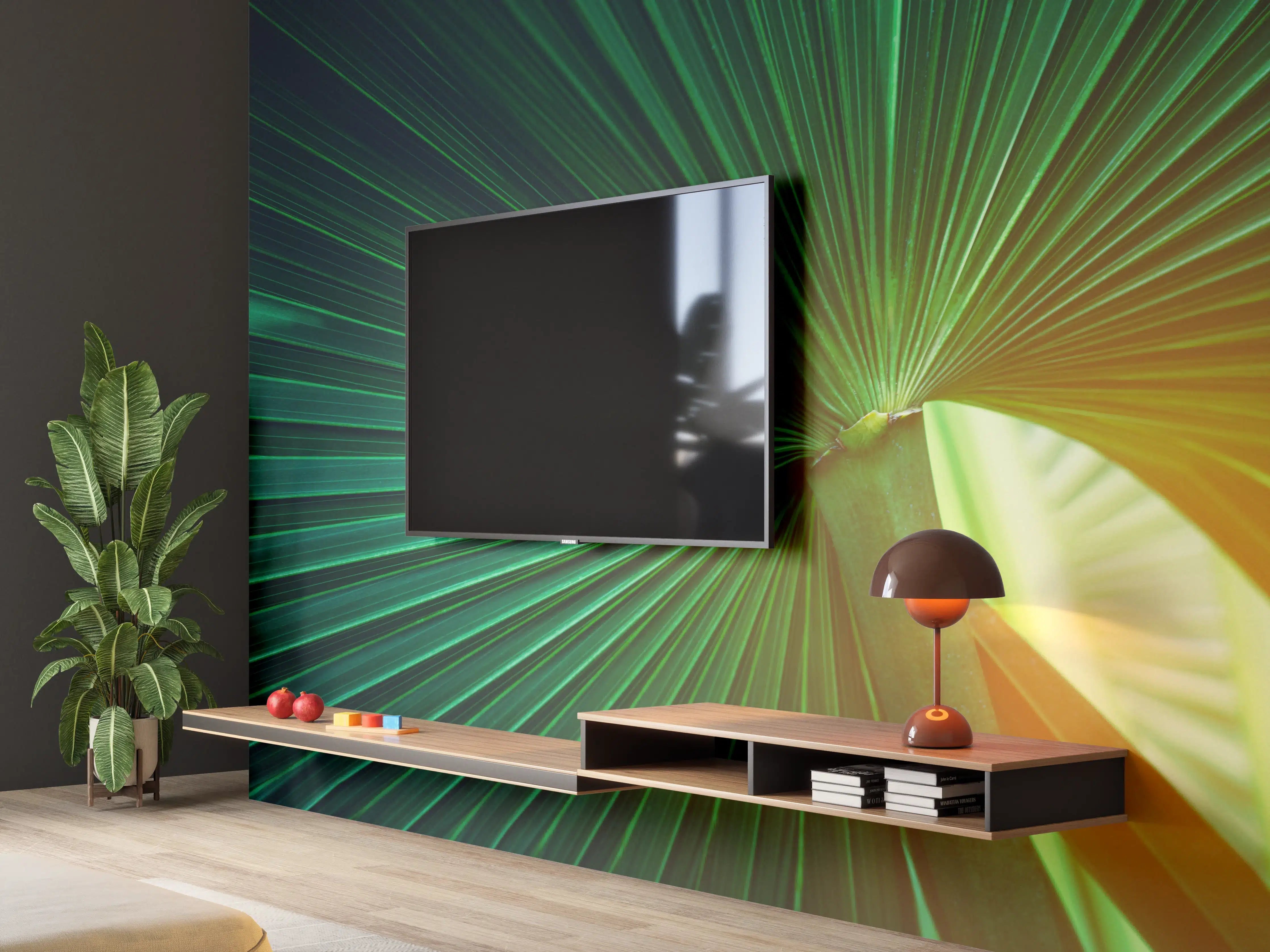 Wandverkleidung Wohnzimmer - Grüne Blätter und Sonnenlicht