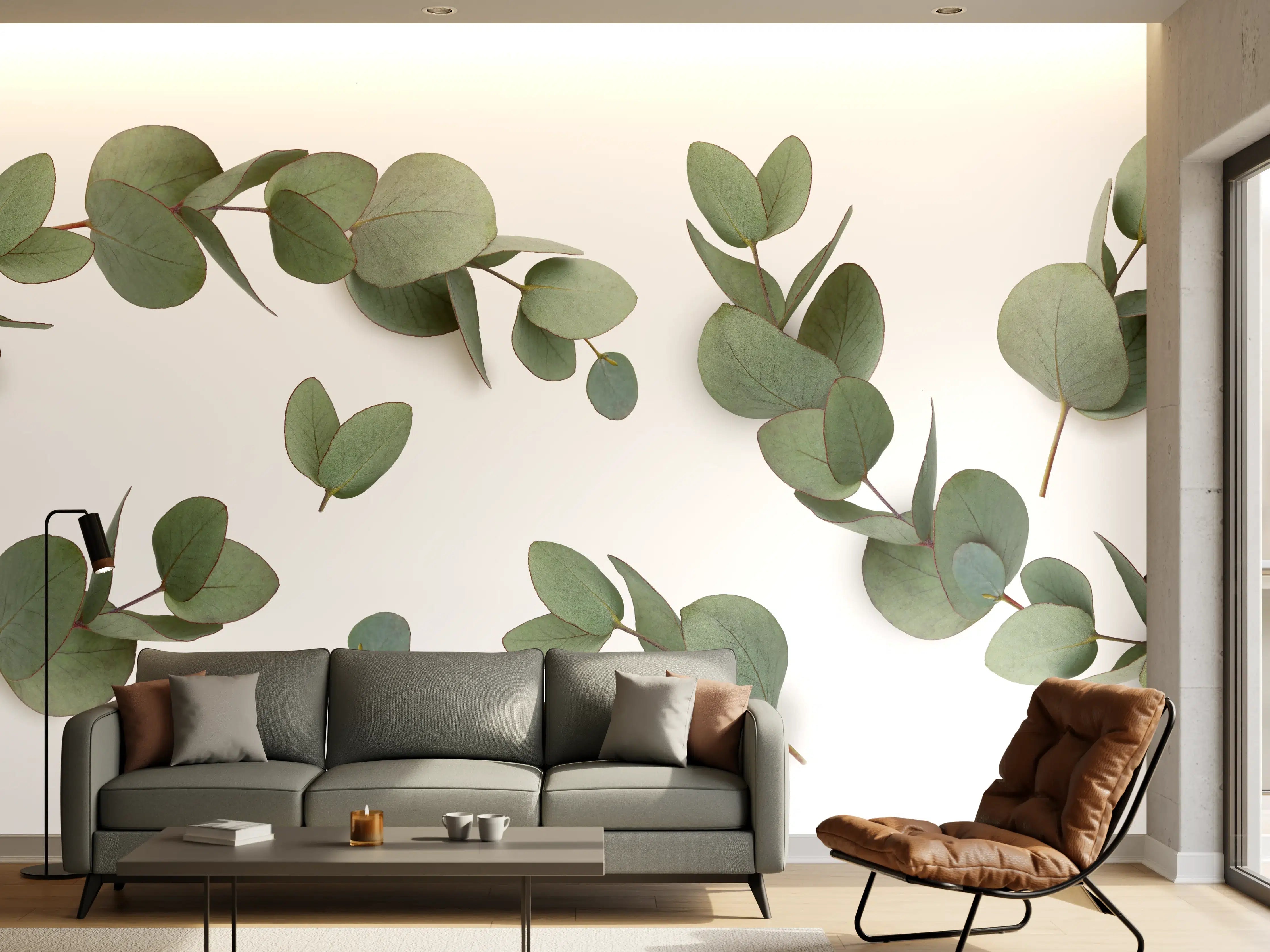 Wandverkleidung Wohnzimmer - Grüne Eukalyptus Blätter